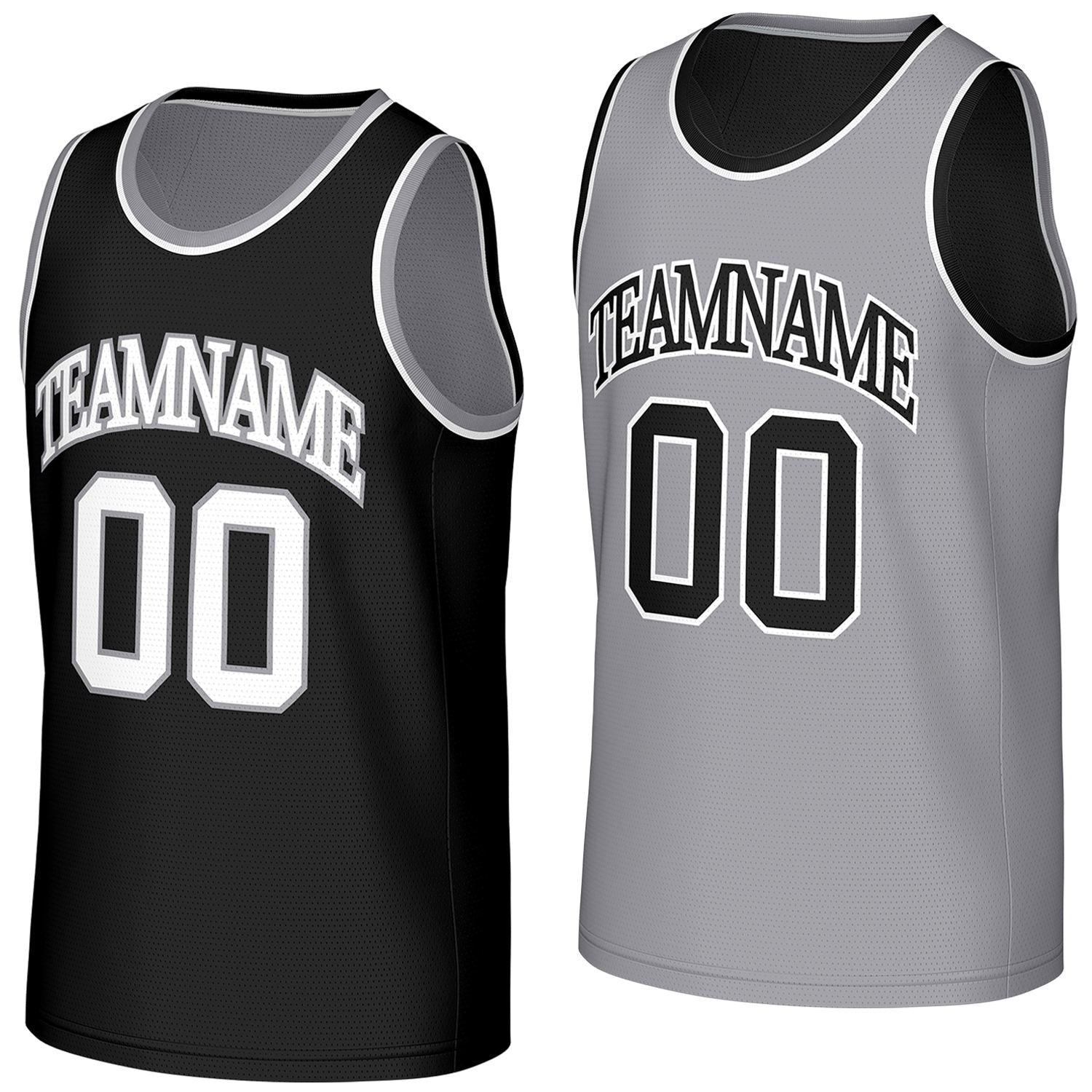 durable basketball team jerseys black gray reversible by Vosoli, personalized team name, number & logo, breathable mesh dual sided basketball jersey for team games