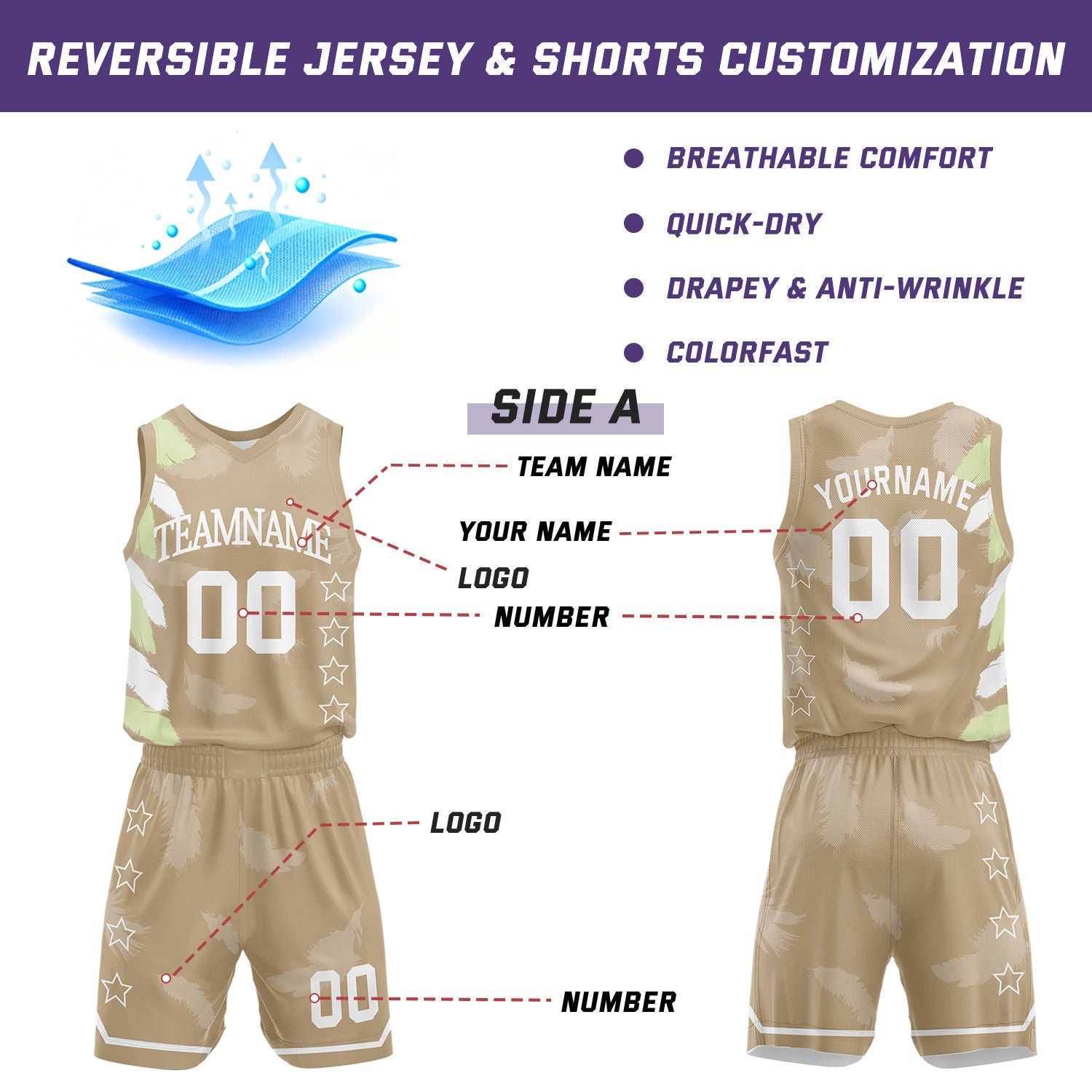 Custom Basketball Jerseys and Shorts Set | Tan White Feather V-Neck Sublimated Team Uniform