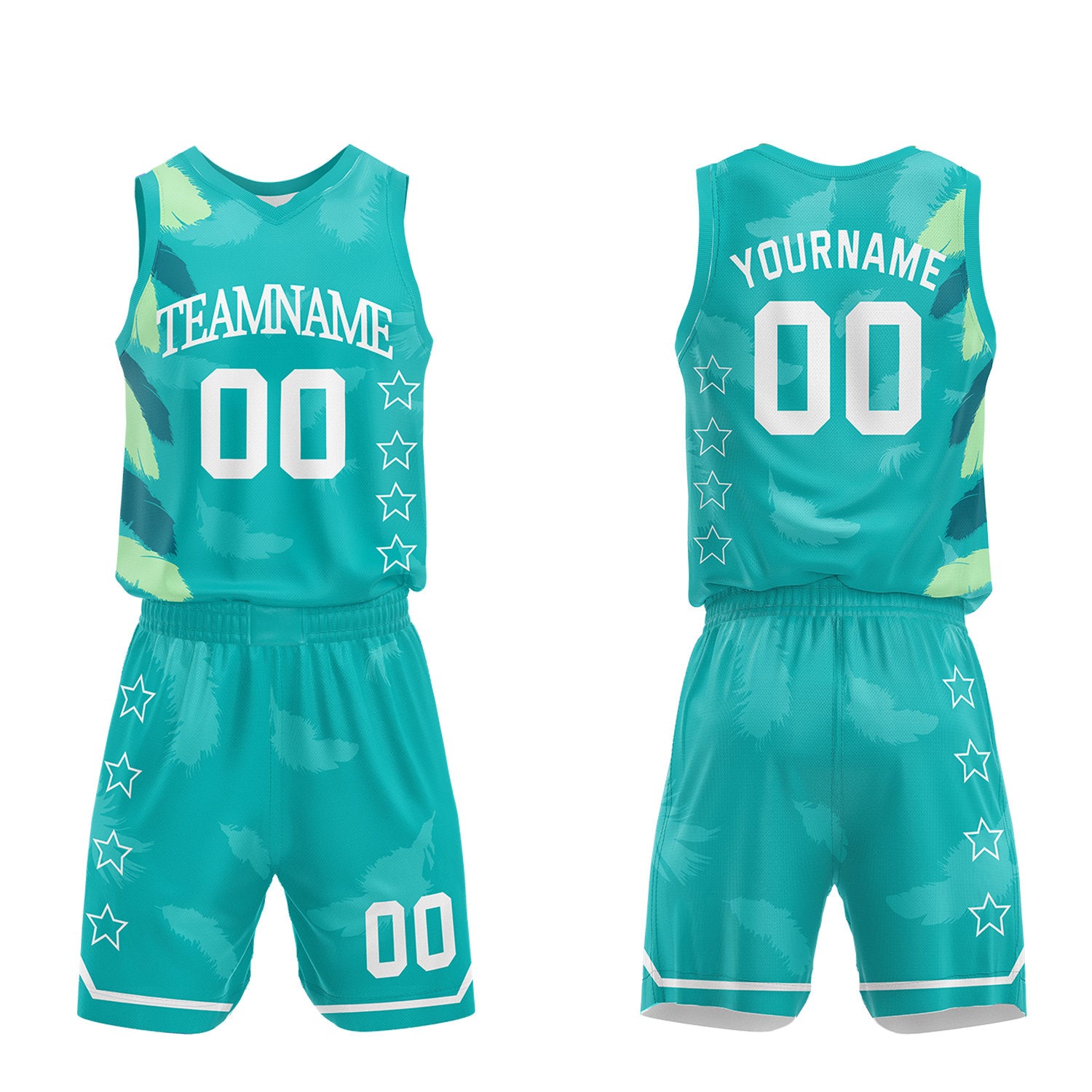 Factory price basketball team uniforms, teal feather sublimated jersey and shorts with personalized team name, player number and logo, breathable quick dry mesh for team games.