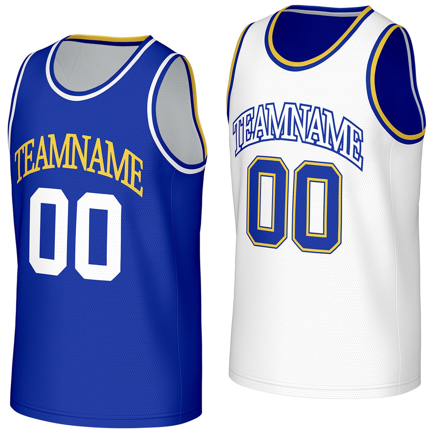 fast delivery team basketball jerseys blue white reversible by Vosoli, personalized team name, number & logo, breathable mesh dual sided basketball jersey for team games