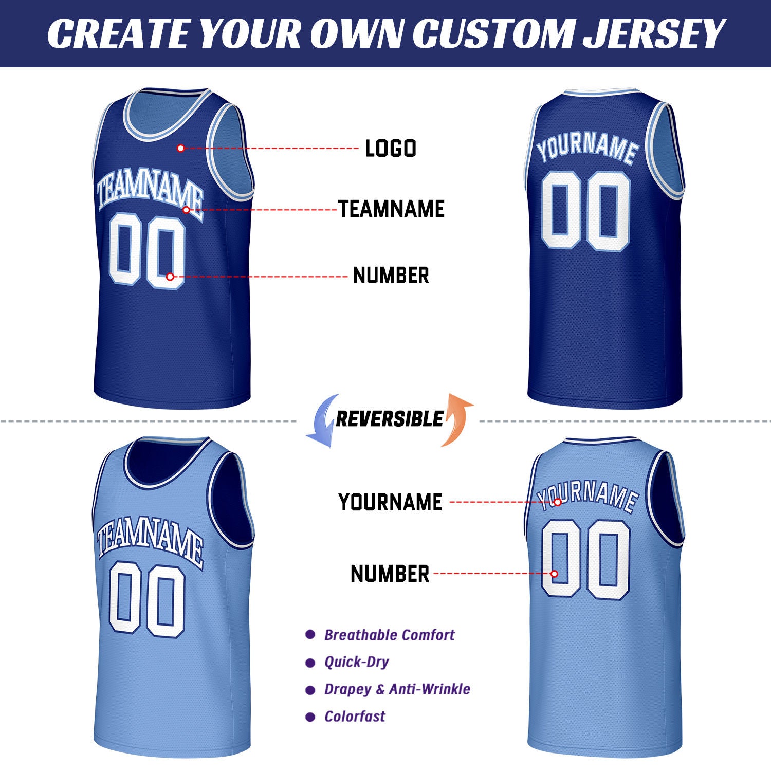 Custom Dark Blue & Light Blue Reversible Basketball Jersey | Personalized Sleeveless Mesh Jersey for Men Women Youth