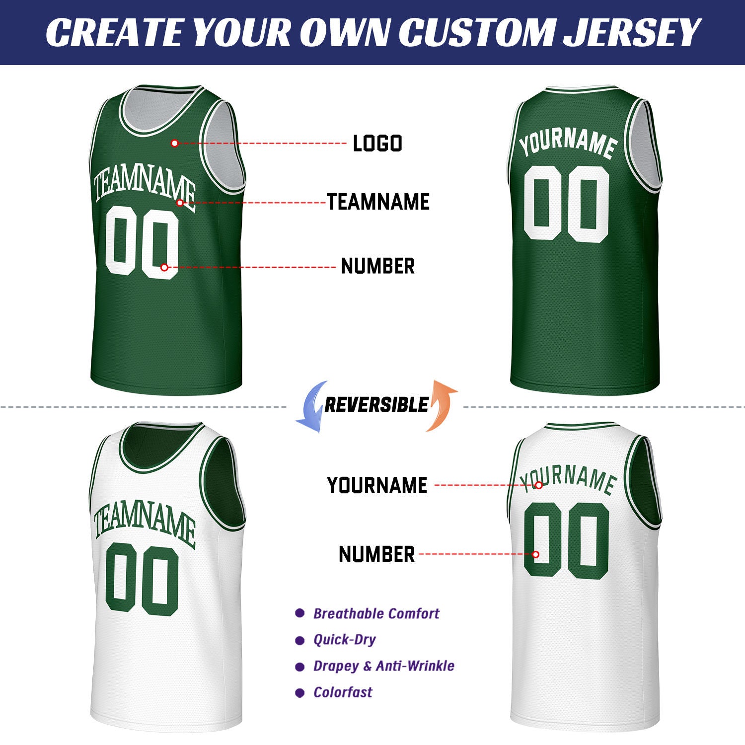 Custom Green & White Reversible Basketball Jersey | Personalized Sleeveless Mesh Jersey for Men Women Youth