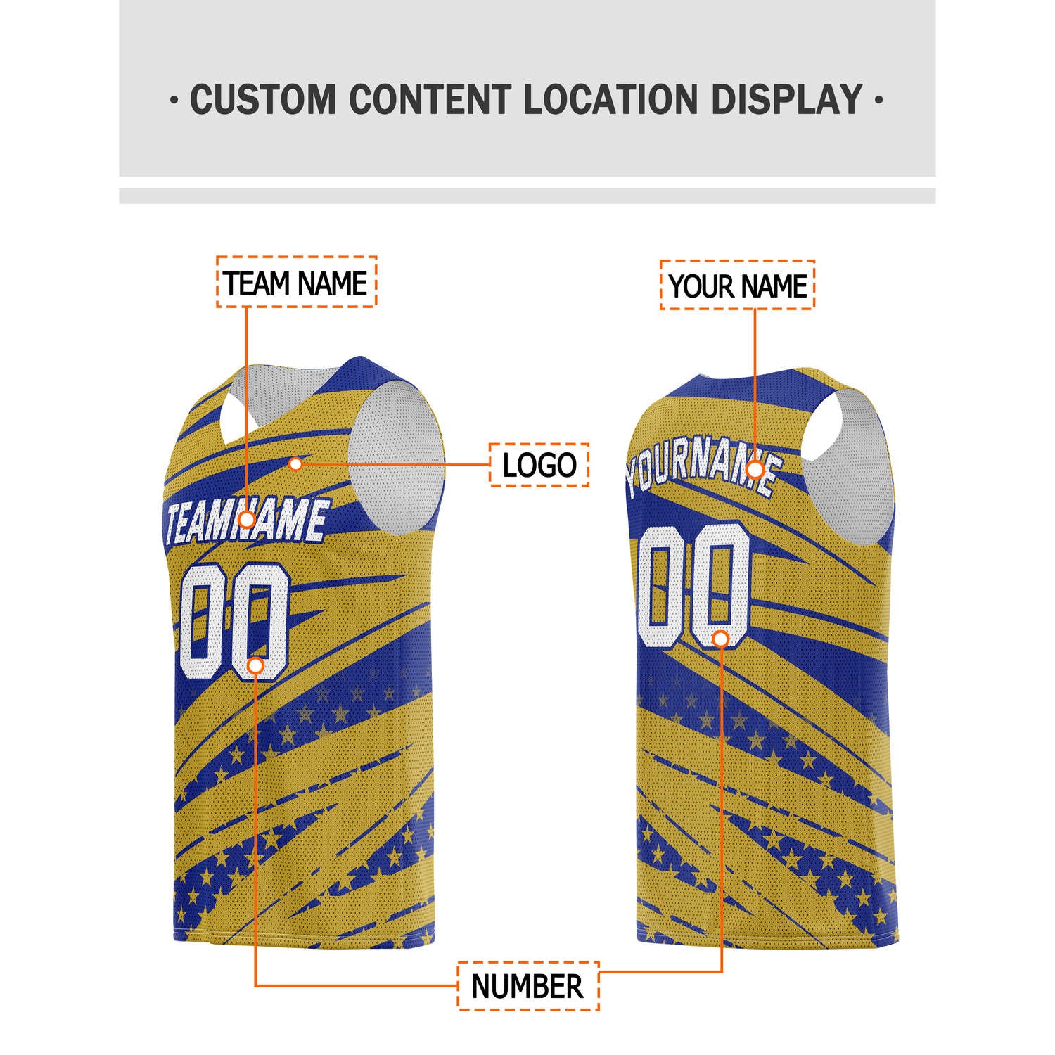 Custom Gold & Blue Star-Stripe Pattern Basketball Jersey - Personalized Team Name, Number & LOGO | Vosoli