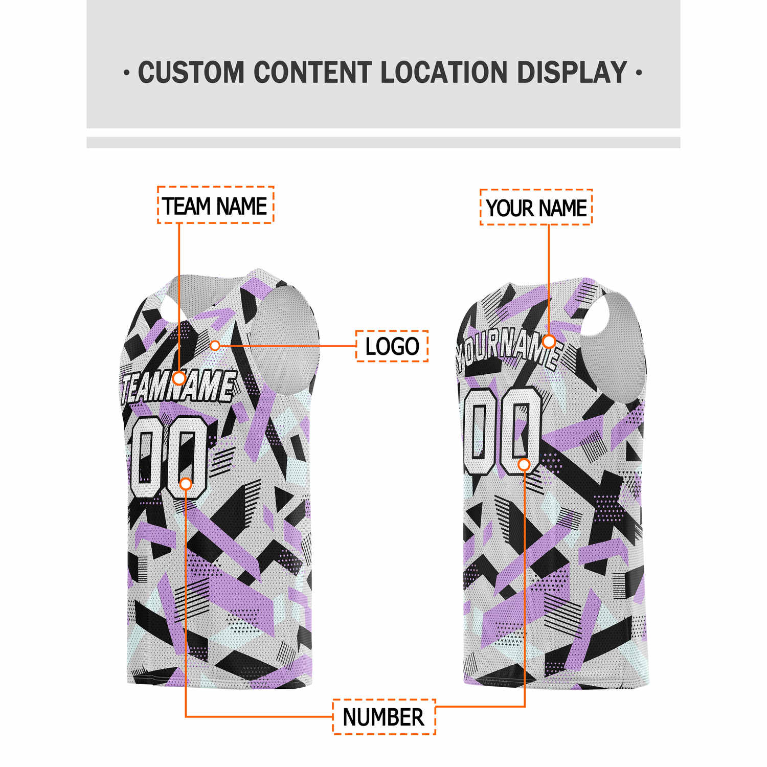 Custom Gray, Black, Lavender & Aqua Abstract Pattern Basketball Jersey - Personalized Team Name, Number & LOGO | Vosoli