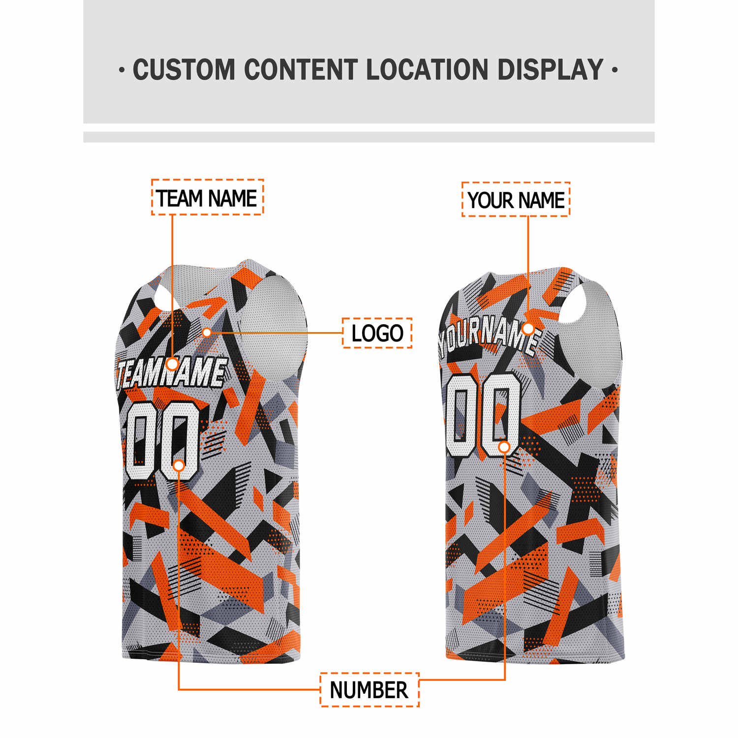 Custom Gray, Orange & Black Abstract Pattern Basketball Jersey - Personalized Team Name, Number & LOGO | Vosoli