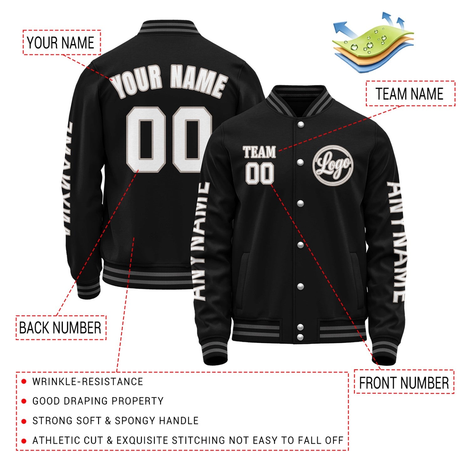 Custom Black Solid Varsity Jacket | Personalized Letterman Bomber with Sleeve Text & Logo