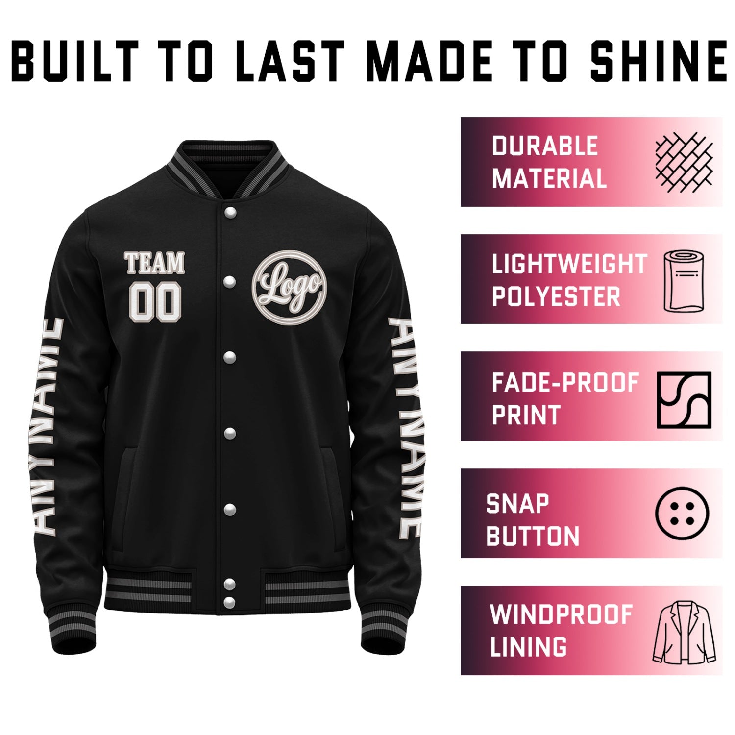 Custom Black Solid Varsity Jacket | Personalized Letterman Bomber with Sleeve Text & Logo
