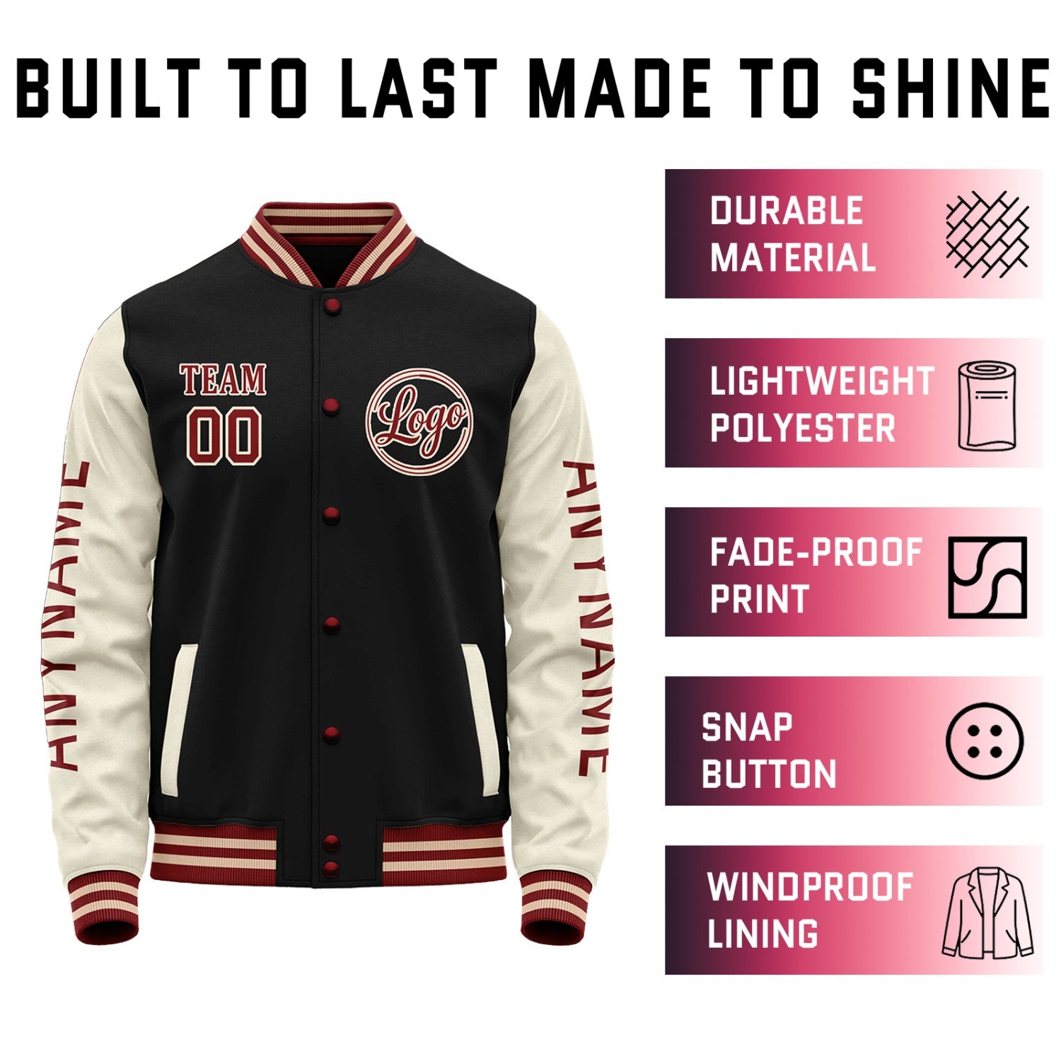 Custom Black & Cream Color Block Varsity Jacket | Personalized Letterman Bomber with Sleeve Text & Logo