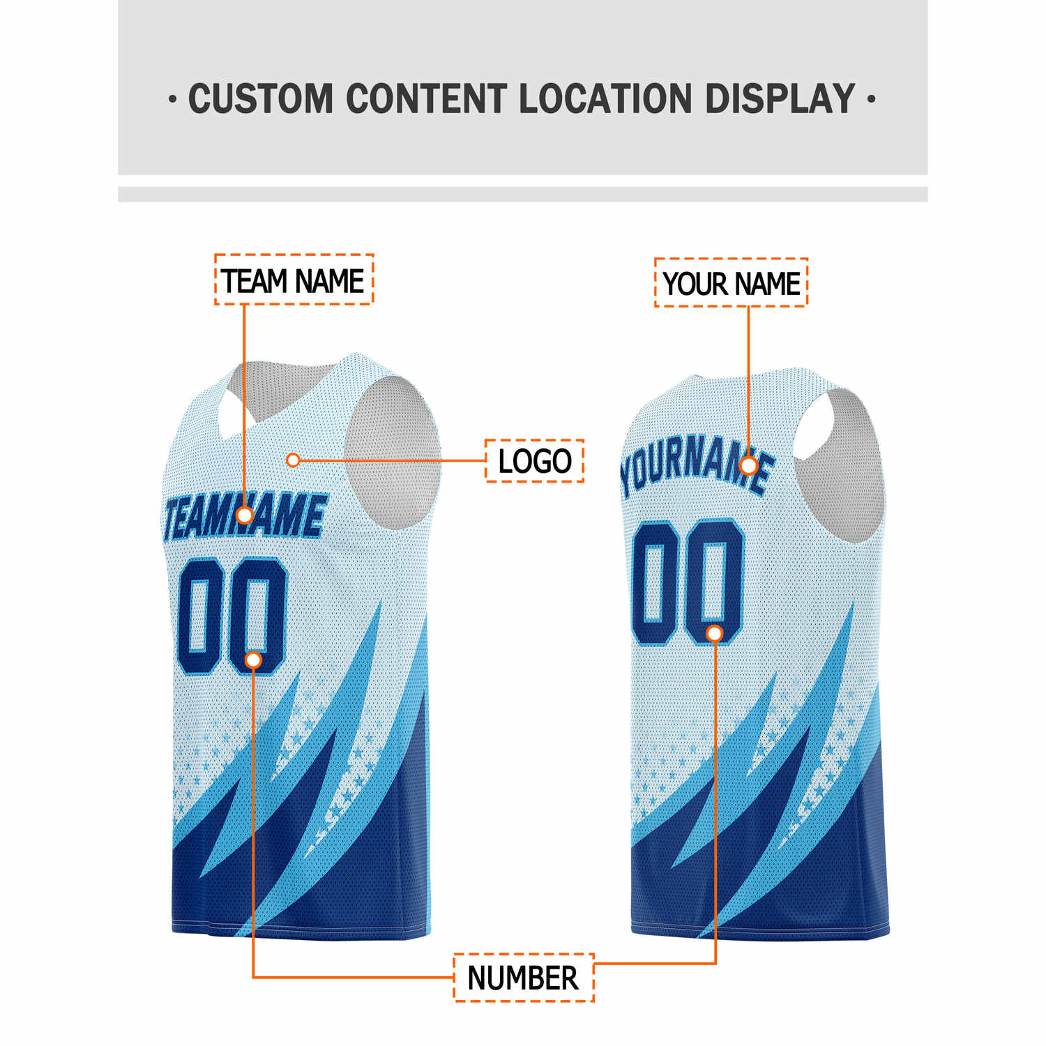 Custom Multi-Light Blue & Navy Lightning-Star Pattern Basketball Jersey - Personalized Team Name, Number & LOGO | Vosoli
