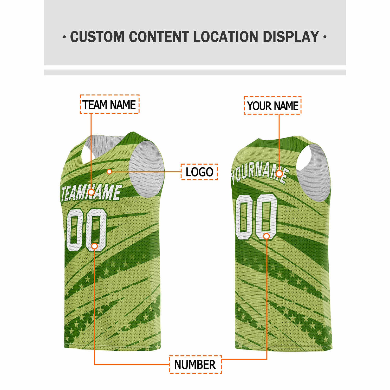 Custom Lime Green Star-Stripe Pattern Basketball Jersey - Personalized Team Name, Number & LOGO | Vosoli