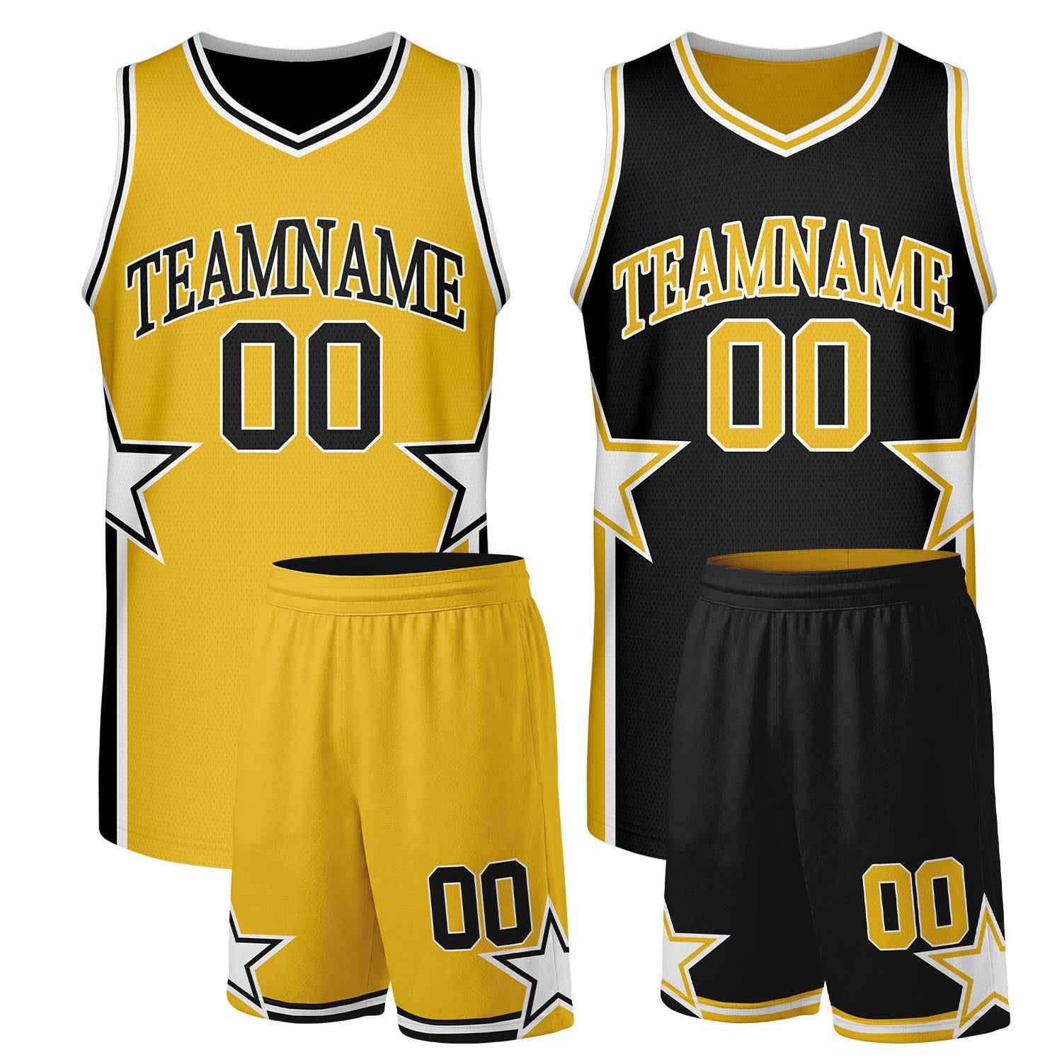 Low MOQ custom basketball uniforms yellow black reversible by Vosoli. Personalized team name, player number & logo. Breathable mesh. Fast delivery.