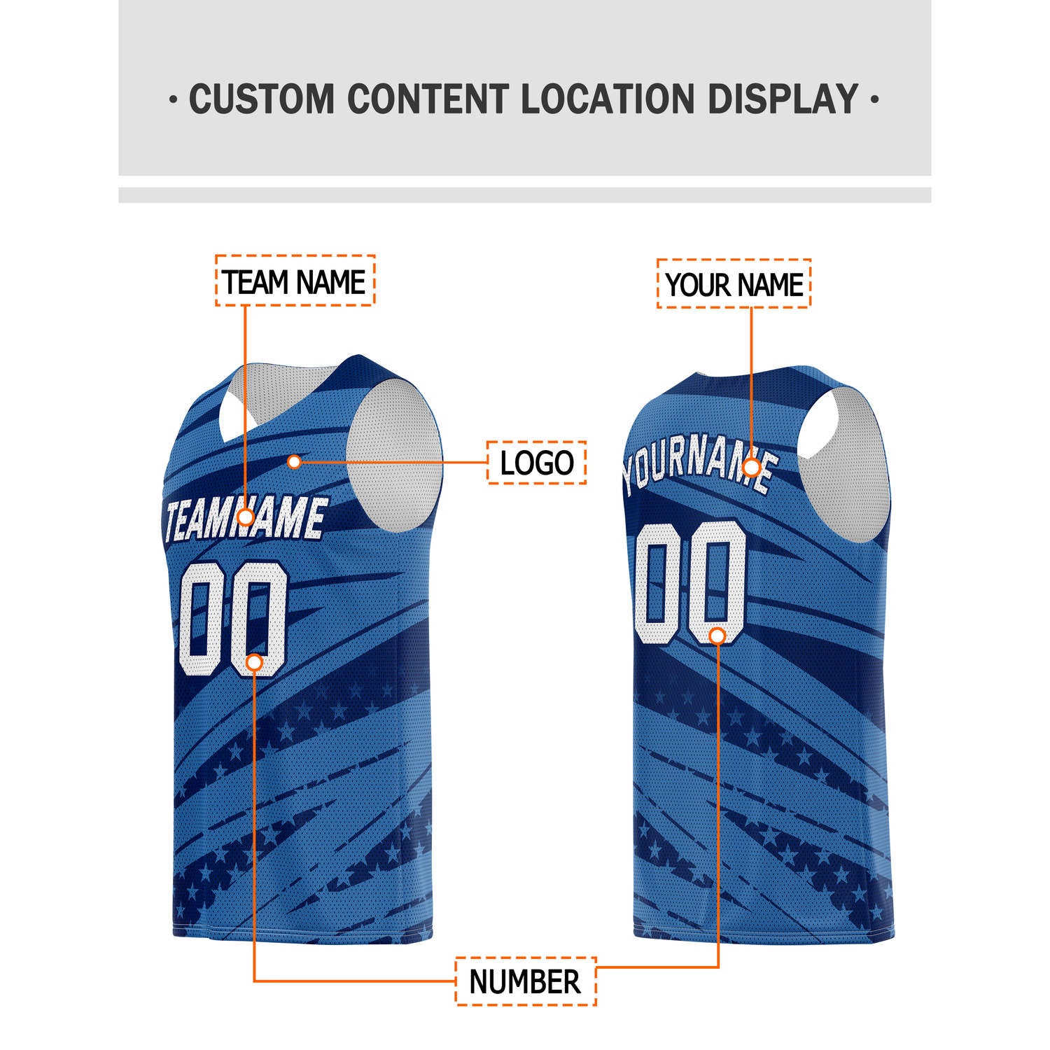 Custom Multi-Navy Blue Star-Stripe Pattern Basketball Jersey - Personalized Team Name, Number & LOGO | Vosoli