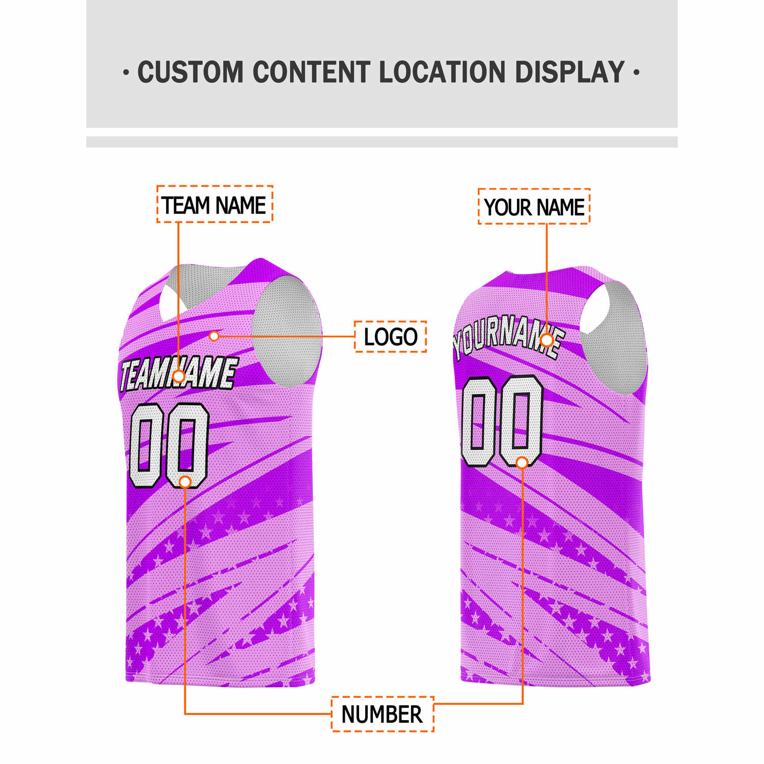 Custom Multi-Pink & Purple Star-Stripe Pattern Basketball Jersey - Personalized Team Name, Number & LOGO | Vosoli