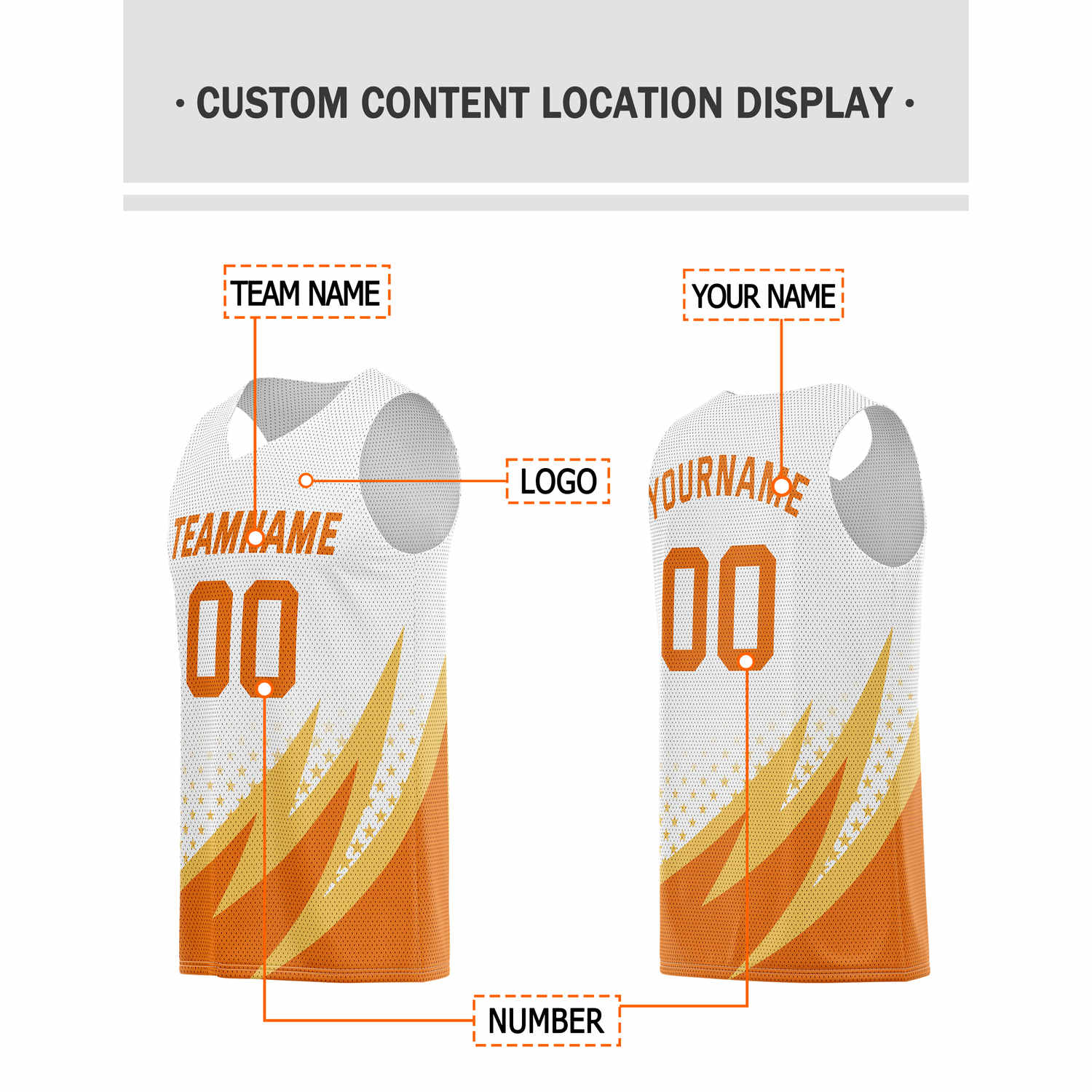 Custom Multi-Orange & Gold Lightning-Star Pattern Basketball Jersey - Personalized Team Name, Number & LOGO | Vosoli
