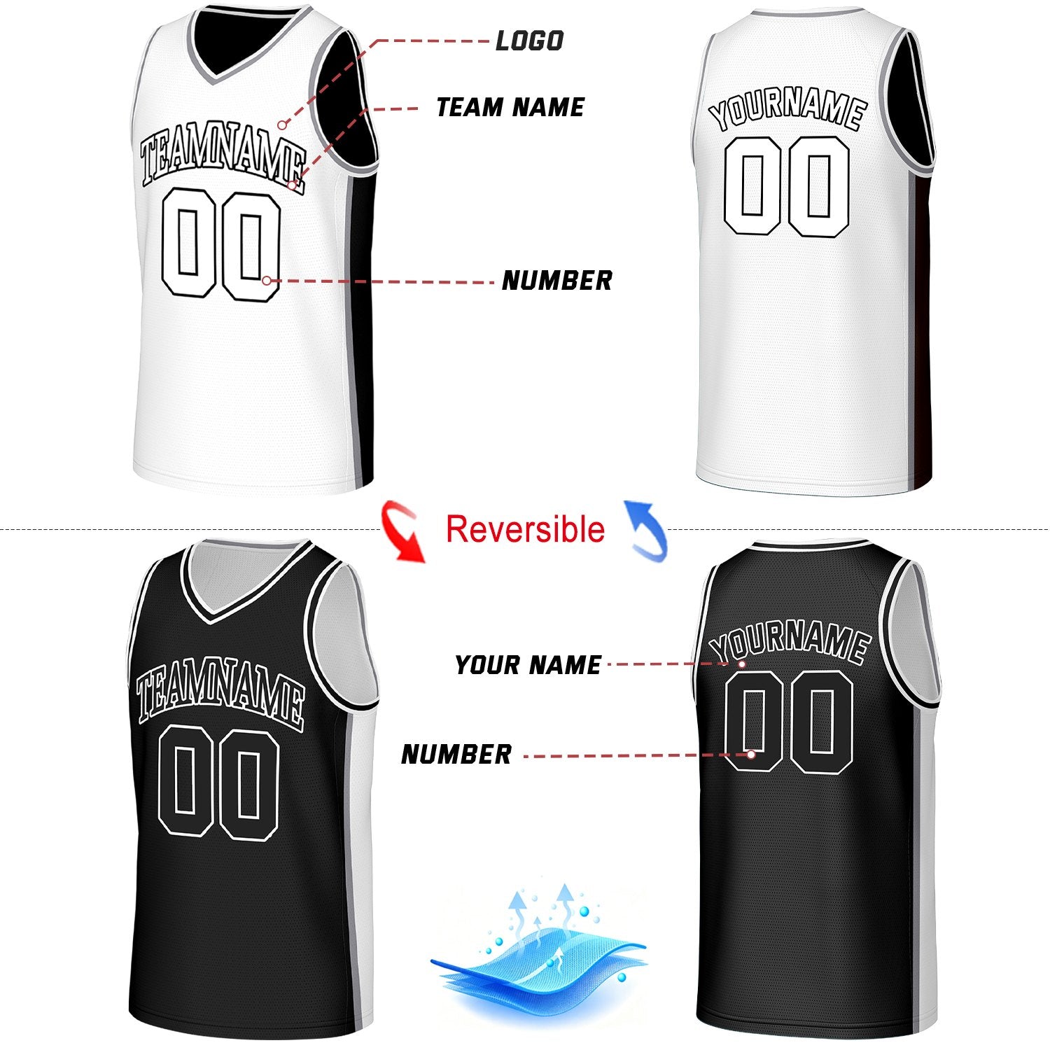 Custom White & Black Reversible Basketball Jersey | Personalized Team Jerseys with Name Number Logo