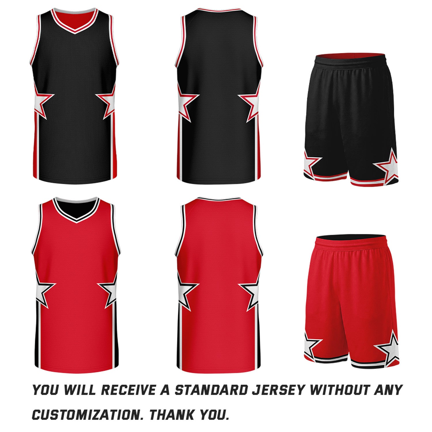 Custom Black & Red Star Graphic Reversible Basketball Uniform Set | Breathable Mesh Jersey & Shorts for Team Sports