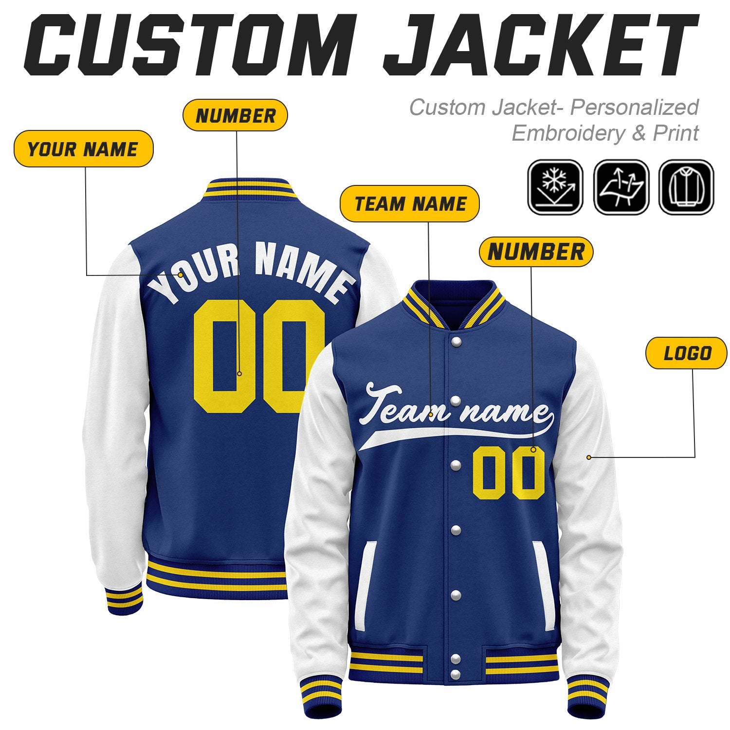 Custom Royal Blue & White Baseball Bomber Jacket | Retro Collegiate Varsity & Letterman