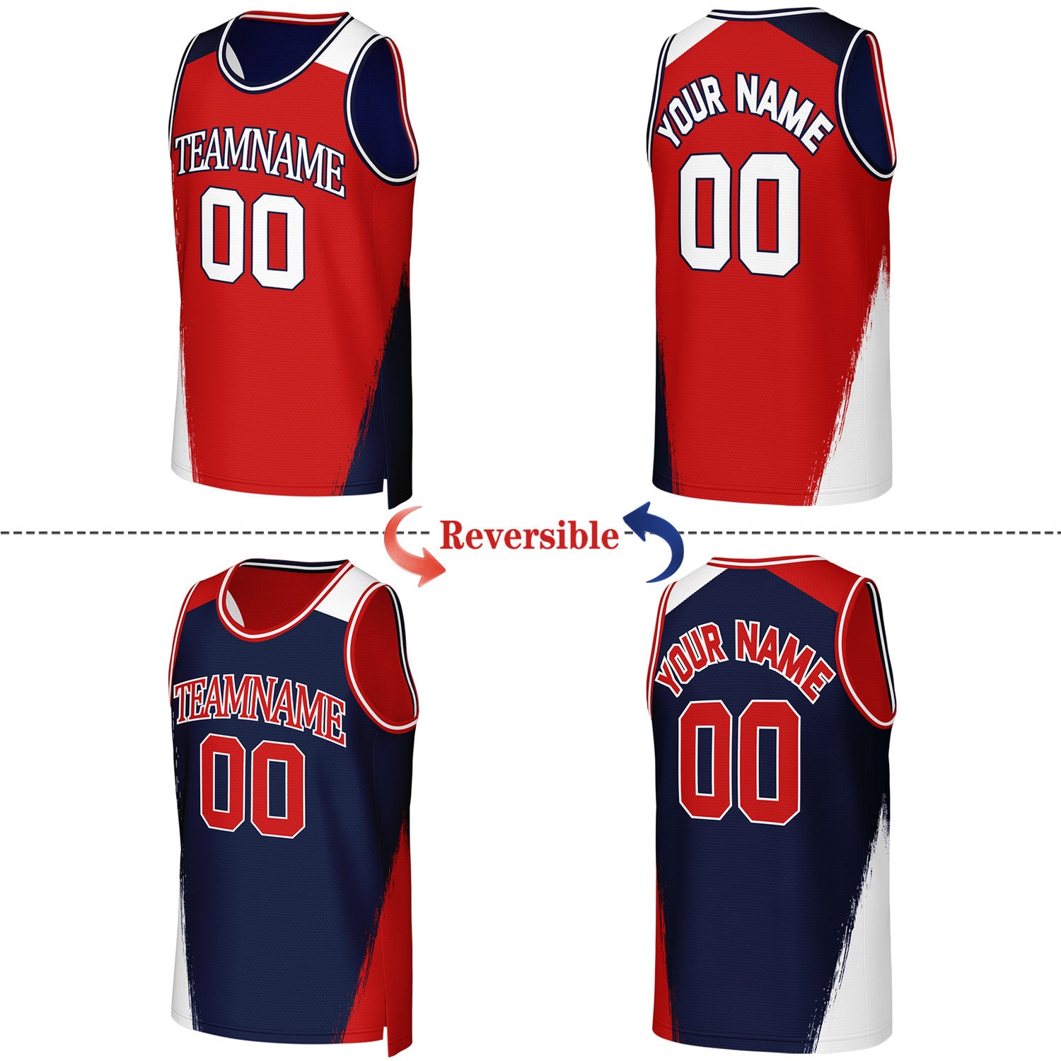 Custom Red & Navy Brush Stroke Reversible Basketball Jersey | Personalized Team Uniforms for Adult & Youth