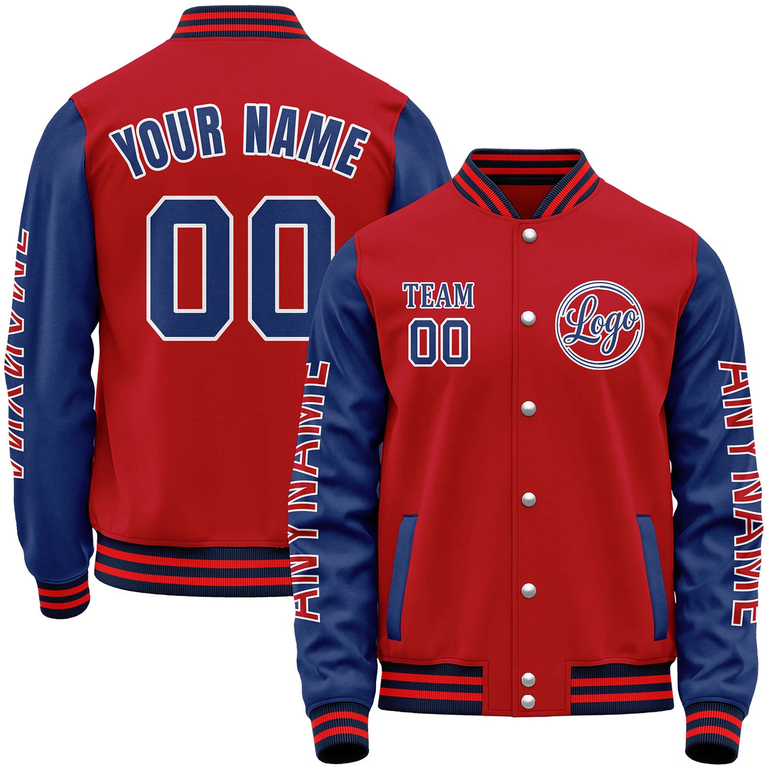 Personalized high school baseball jackets, red and navy varsity bomber jacket, custom stitched or sublimated name, number, sleeve lettering and team logo.