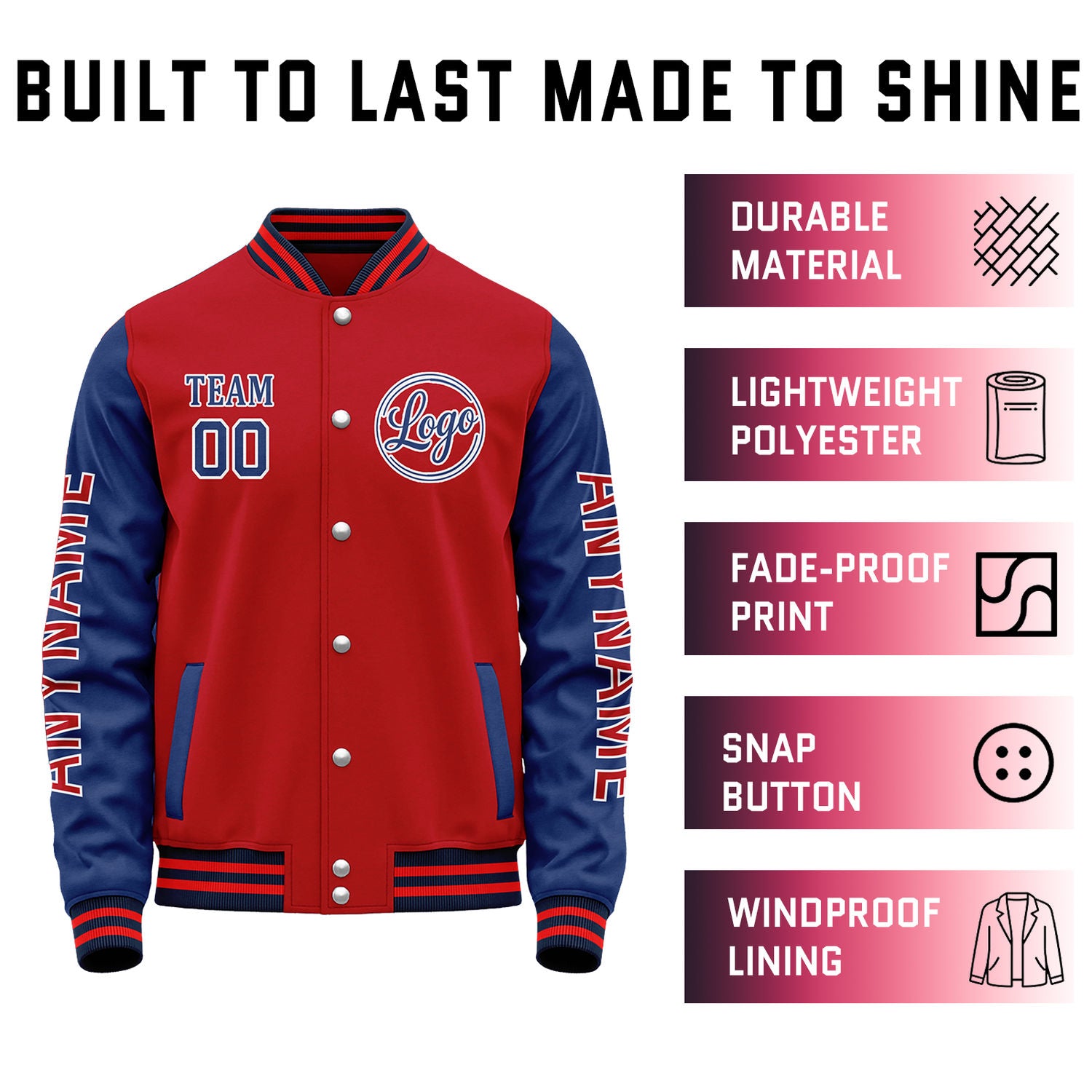 Custom Red & Navy Color Block Varsity Jacket | Personalized Letterman Bomber with Sleeve Text & Logo