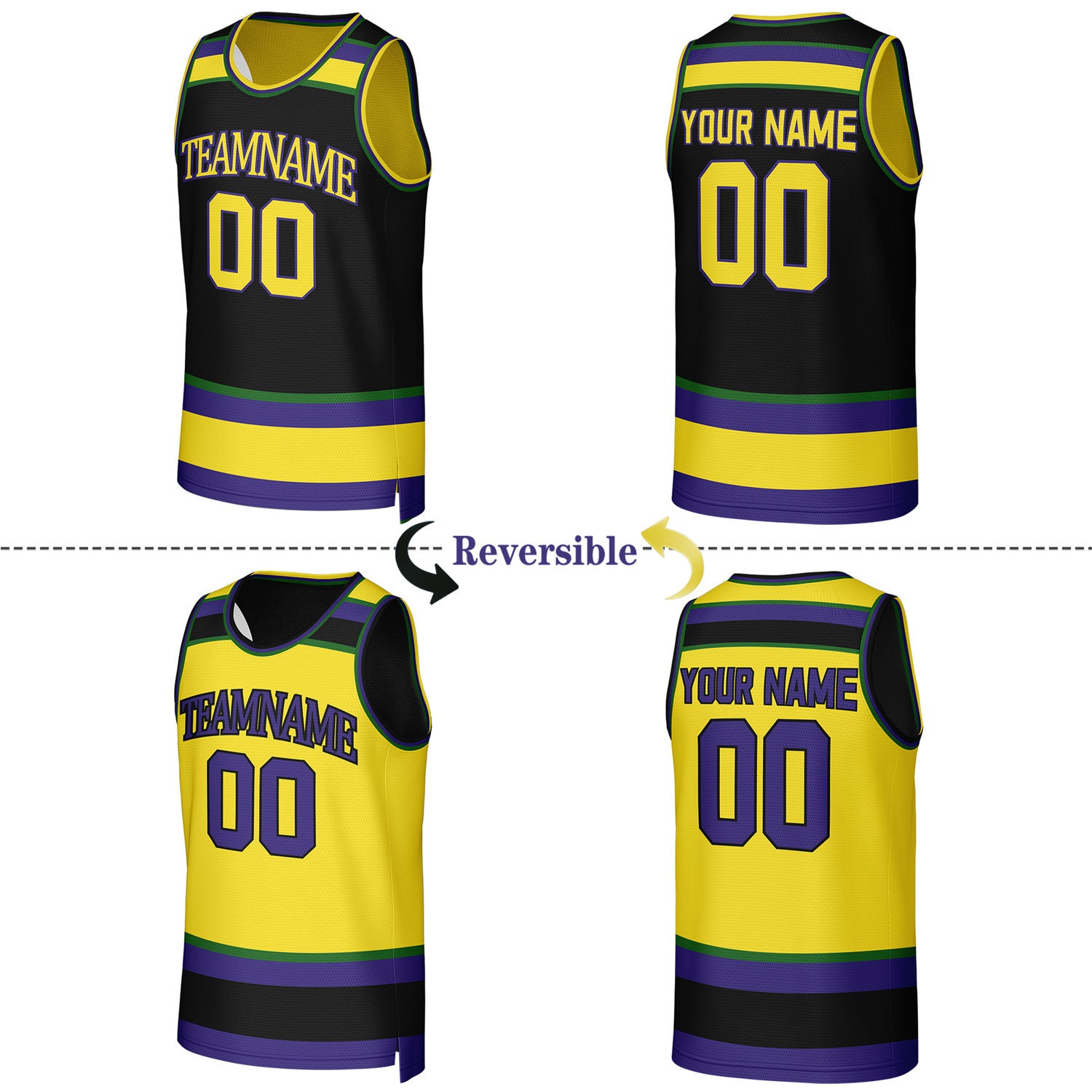 Custom Black & Yellow Striped Reversible Basketball Jersey | Personalized Team Jerseys with Name, Number & Logo