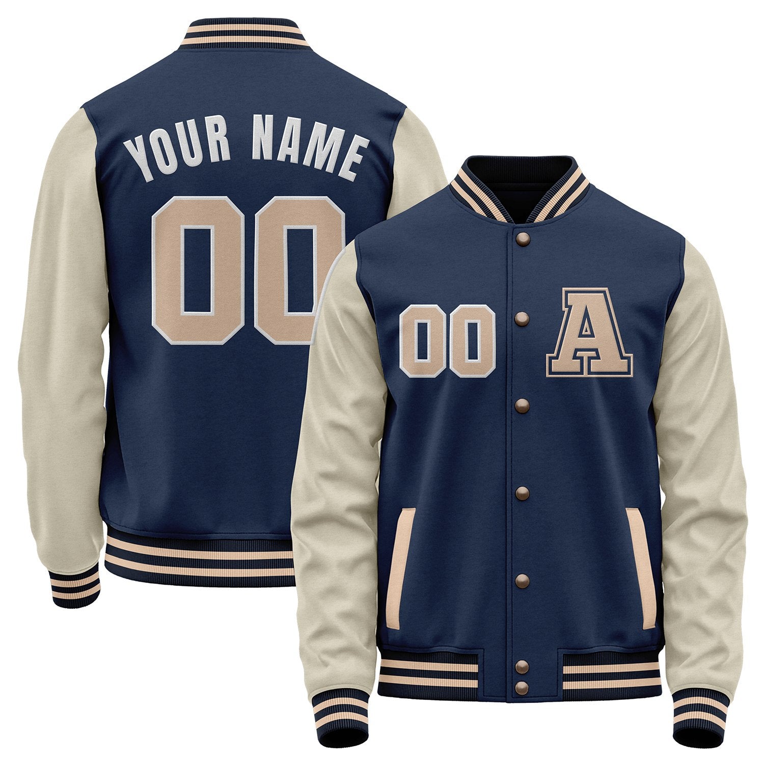 Custom navy and cream personalized college baseball jackets by Vosoli with stitched name, number and logo. Classic varsity jacket for baseball and casual wear.