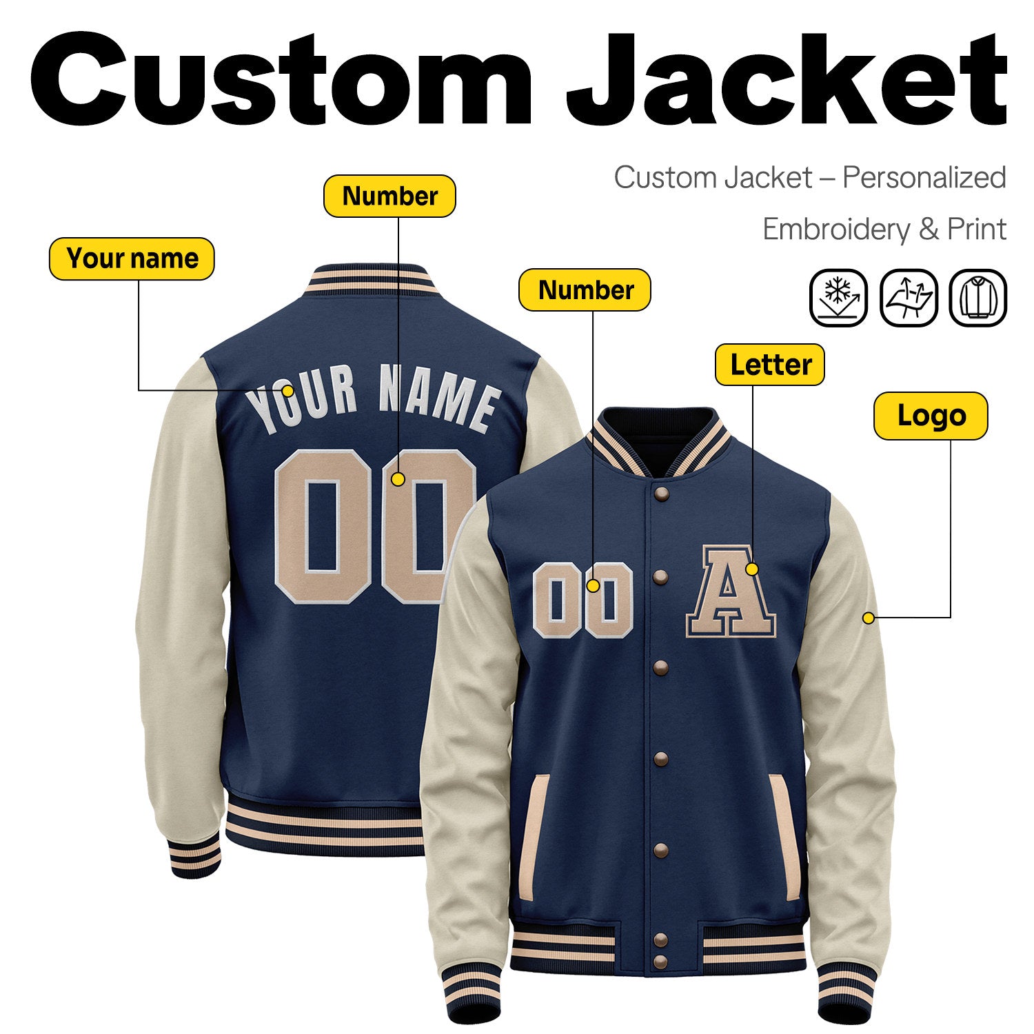 Custom Varsity Jacket with Stitched Name & Number | Navy & Cream Personalized Team Letterman Bomber