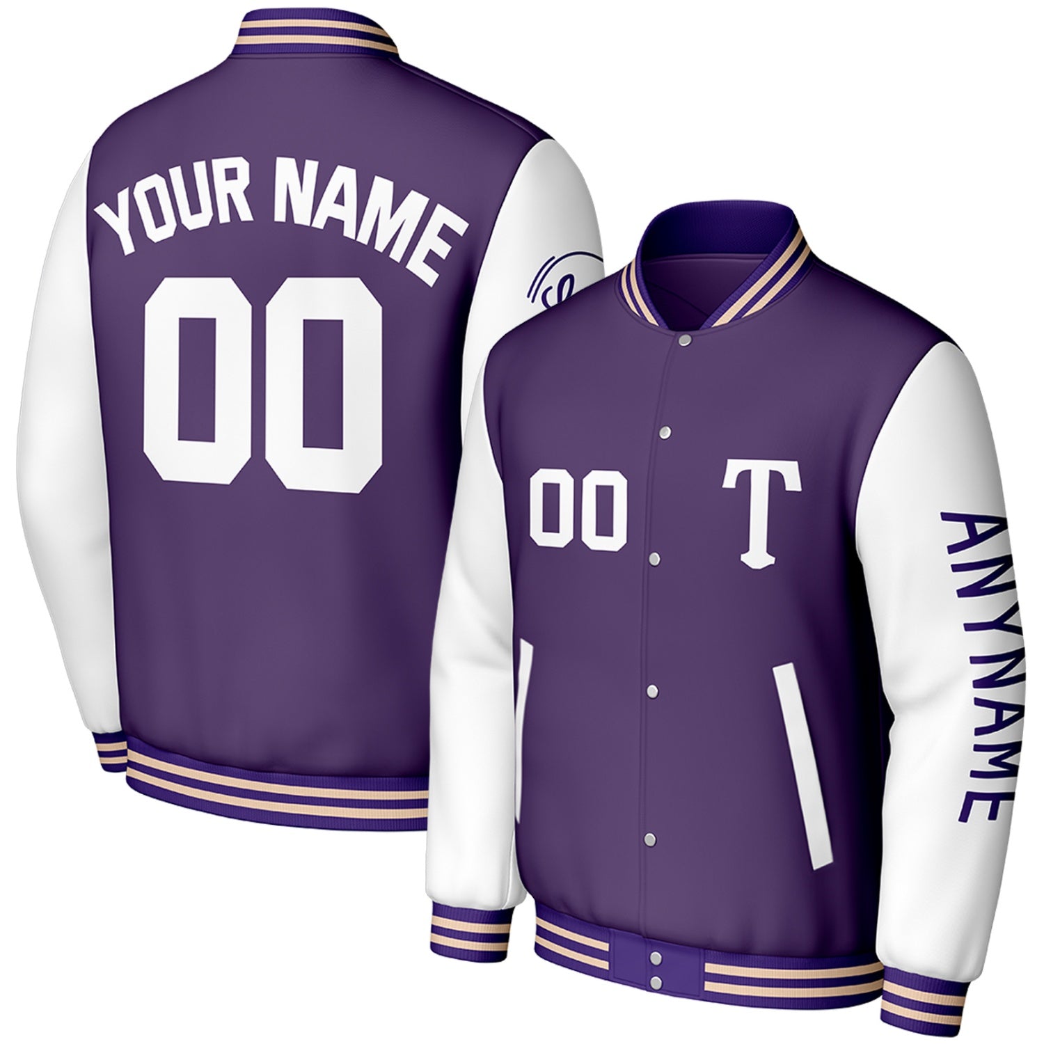 custom purple white travel baseball jackets by Vosoli, personalized stitched name, number & logo, classic button up varsity letterman jacket for baseball travel team and casual wear