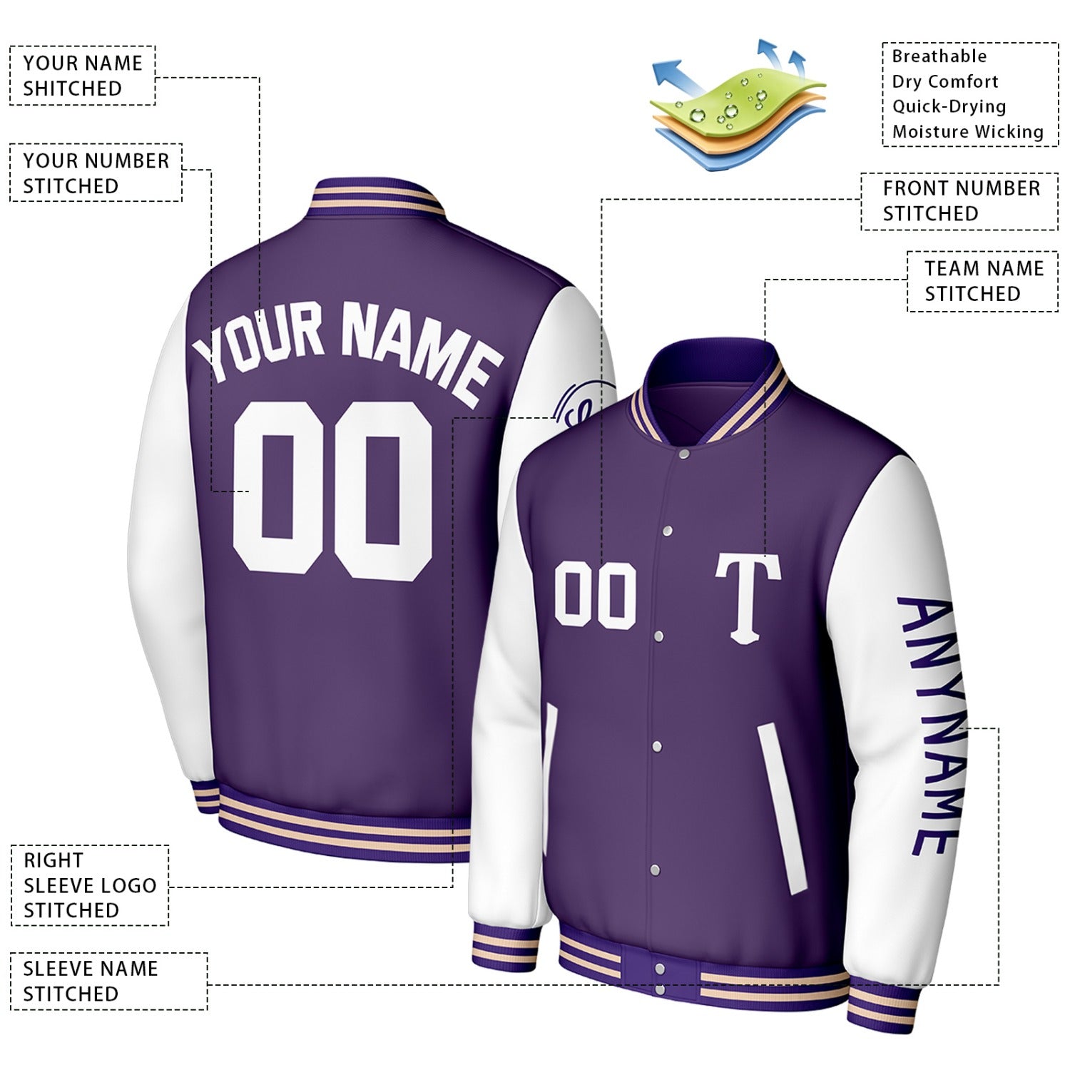 Custom Purple & White Varsity Baseball Jacket | Personalized Letterman Baseball Bomber for Adult & Youth