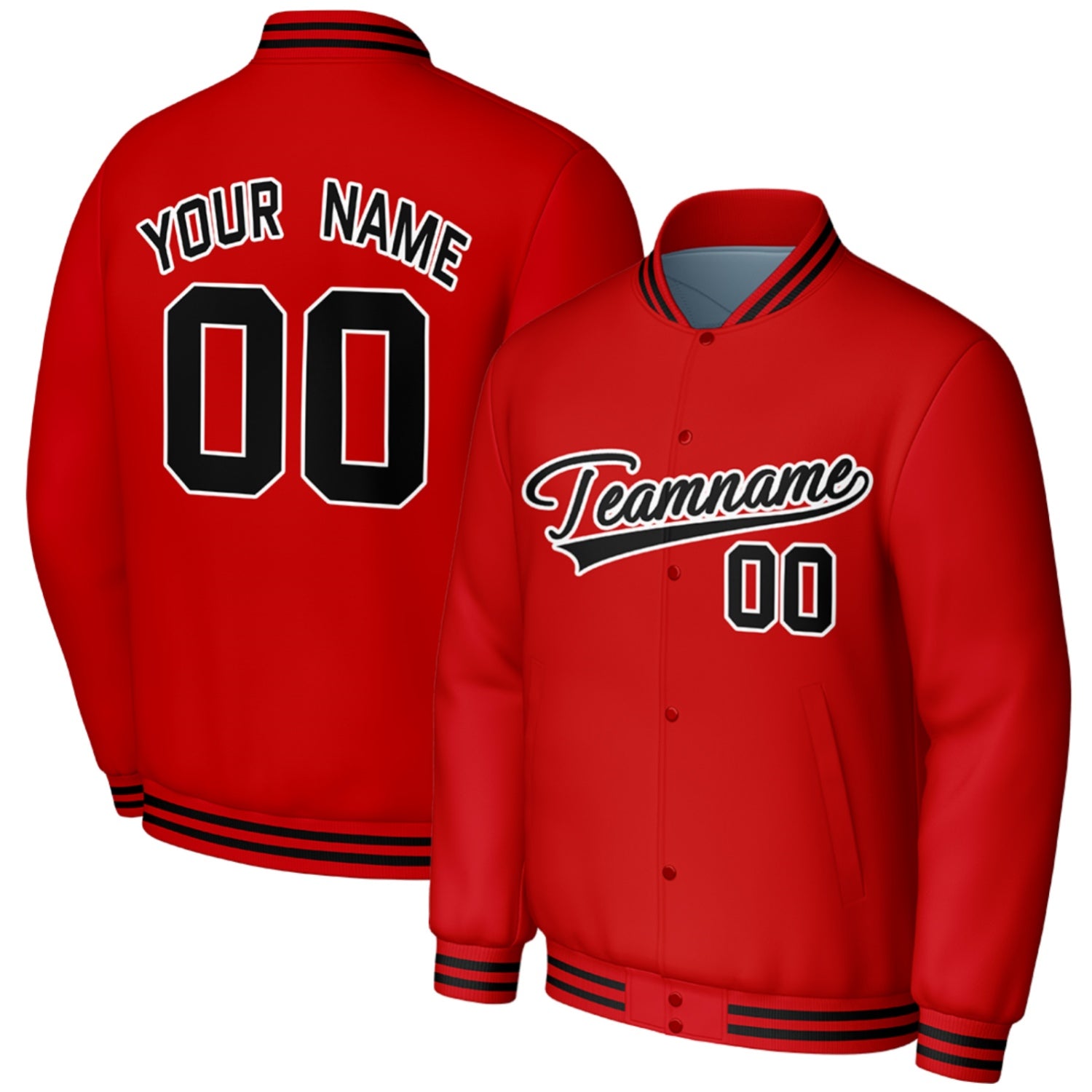 personalized red black baseball jackets by Vosoli, personalized stitched name, number & logo, classic button up varsity letterman jacket for baseball teams and casual wear
