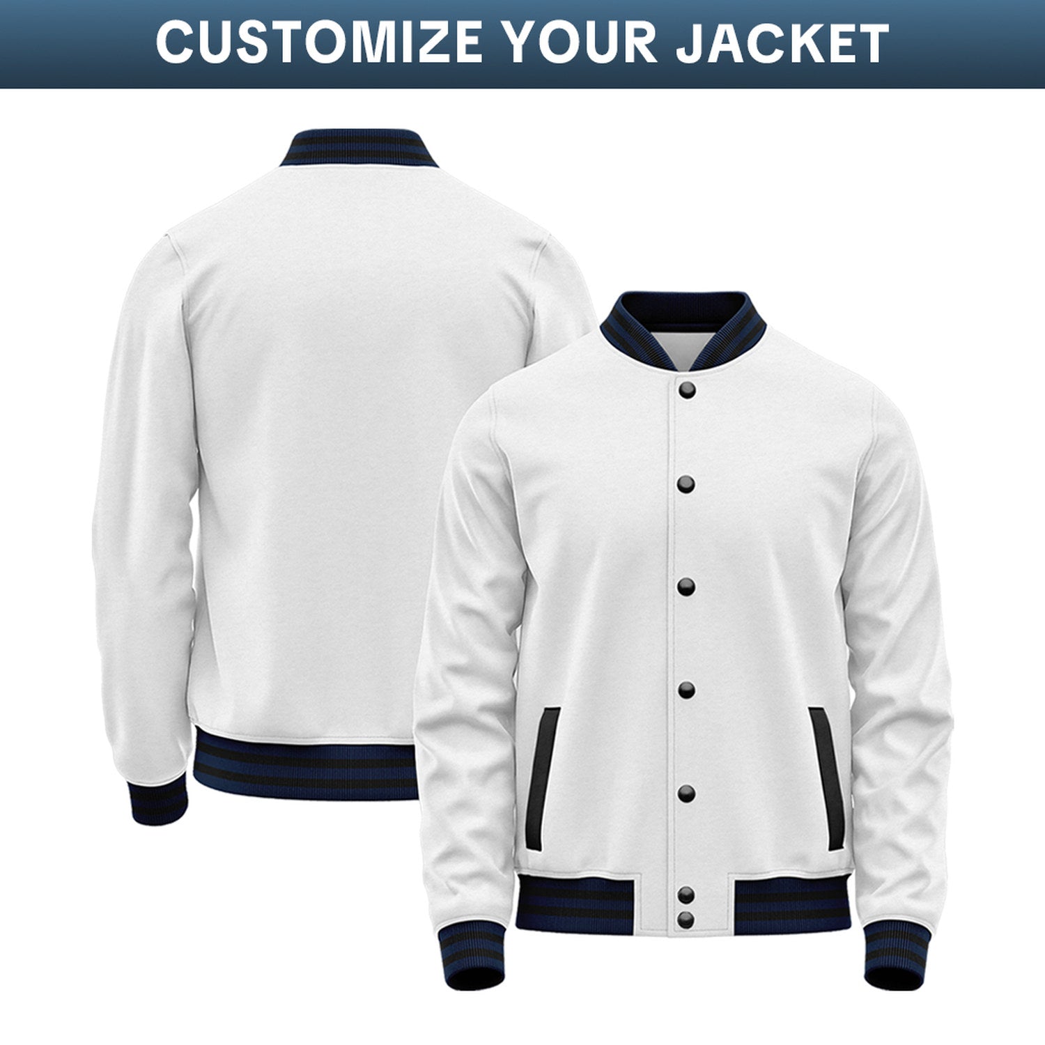 Custom Varsity Jacket with Stitched Name & Number | White & Navy Personalized Team Letterman Bomber