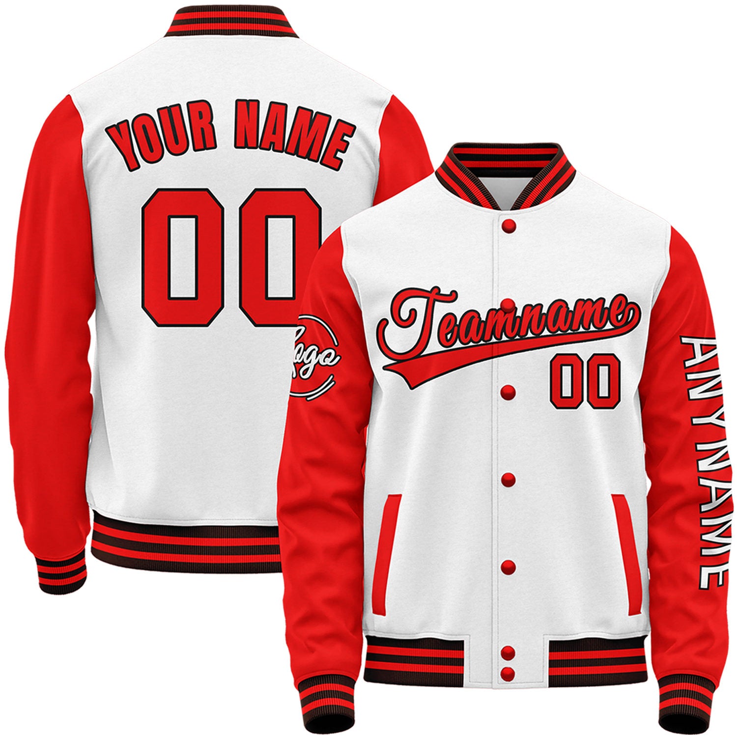 Personalized white and red high school baseball jackets by Vosoli with stitched name, number and logo. Classic varsity jacket for baseball and casual wear.