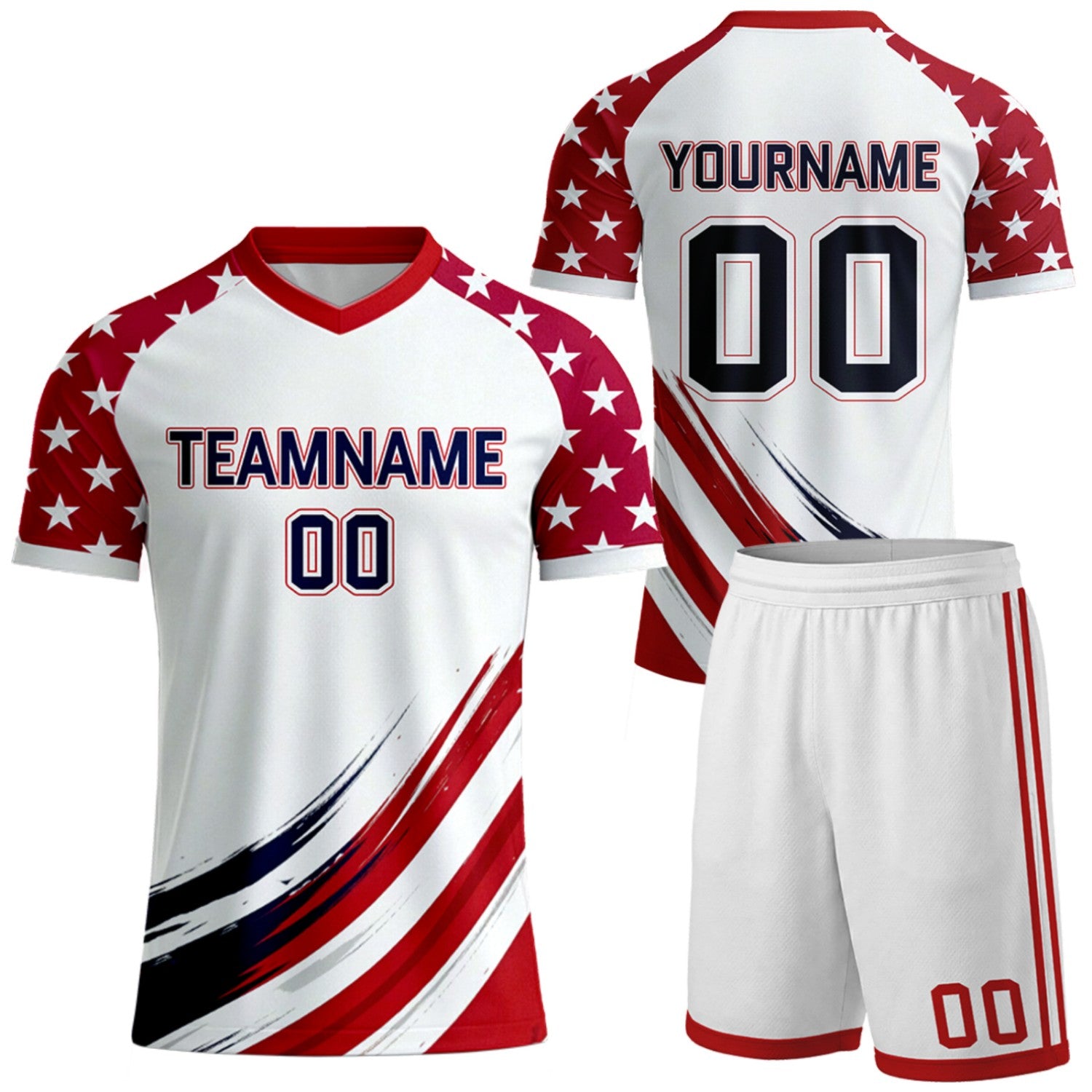 personalized white star sleeve brush soccer uniforms by Vosoli, personalized team name, player name & number, breathable short sleeve V-neck soccer jersey with shorts for team soccer matches