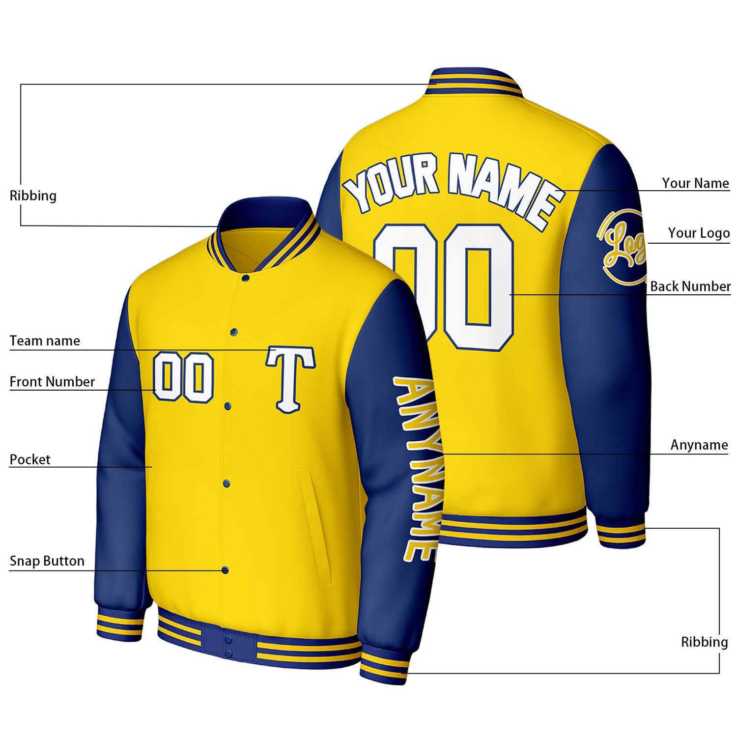 Custom Yellow & Navy Varsity Baseball Jacket | Personalized Letterman Baseball Bomber for Adult & Youth