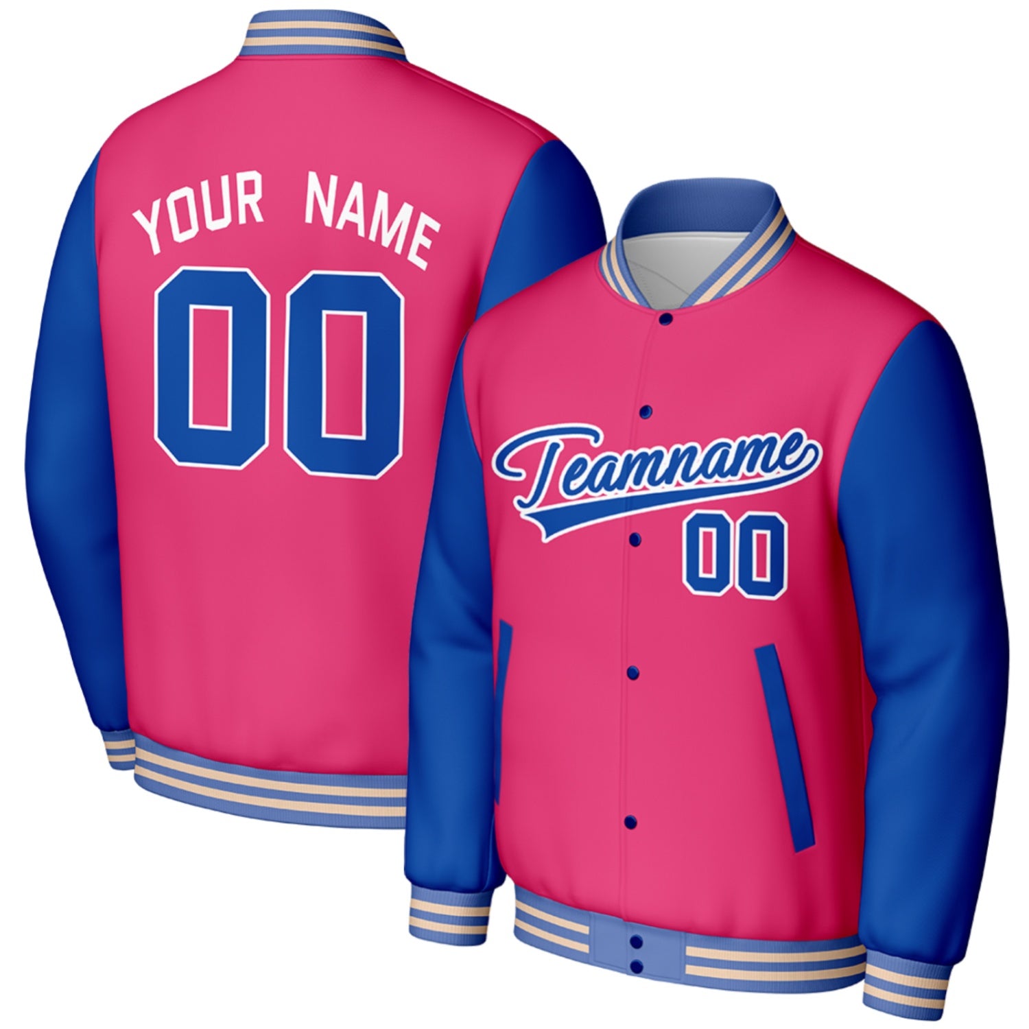 personalized pink blue high school baseball team jackets by Vosoli, stitched name, number & logo, classic button up varsity letterman jacket for high school baseball team and casual wear