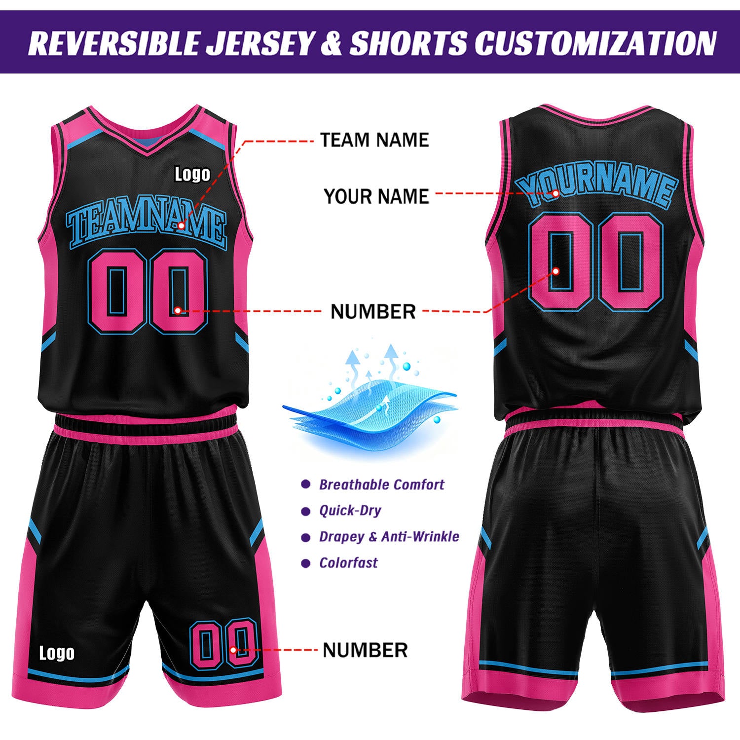 Custom Reversible Basketball Uniform Set | Black & Sky Blue V-Neck Sleeveless Jersey & Athletic Shorts