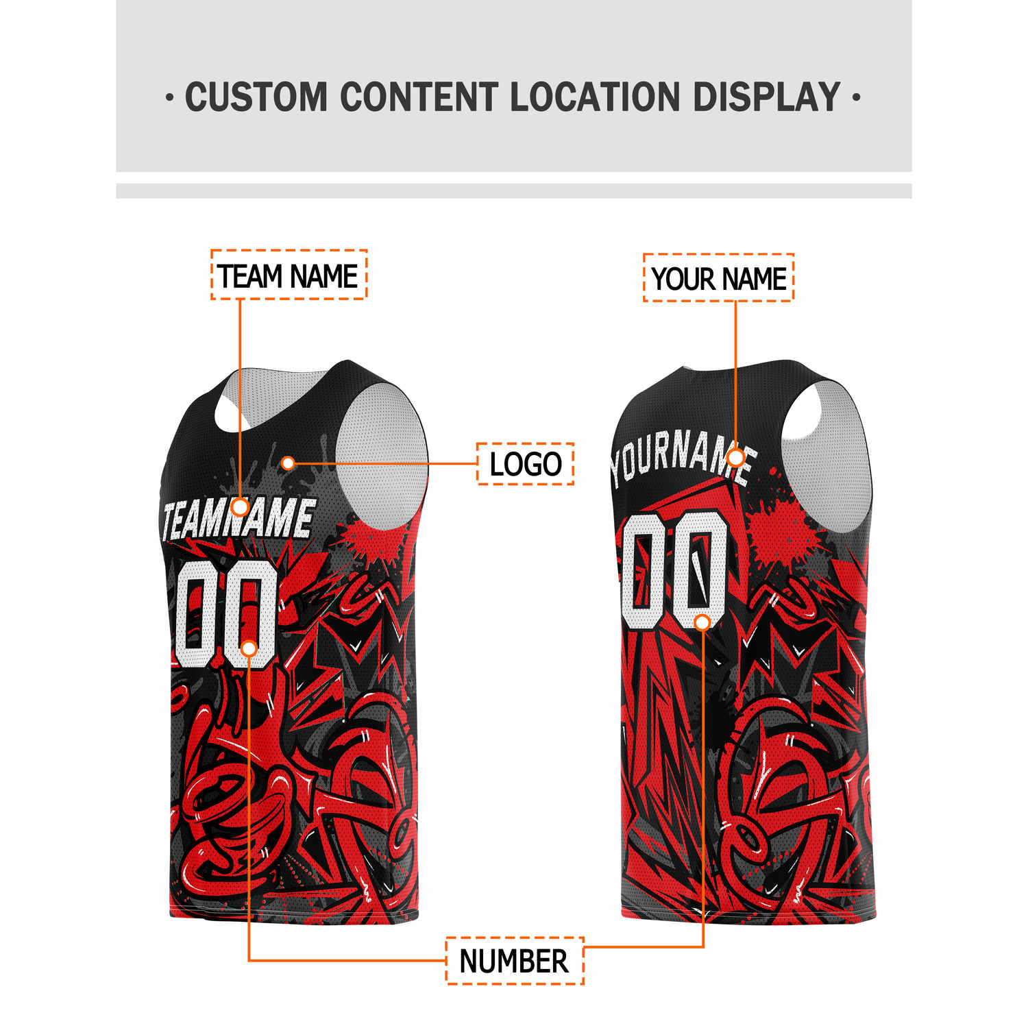 Custom Red & Black Graffiti Splash Basketball Jersey - Personalized Team Name, Number & LOGO | Vosoli