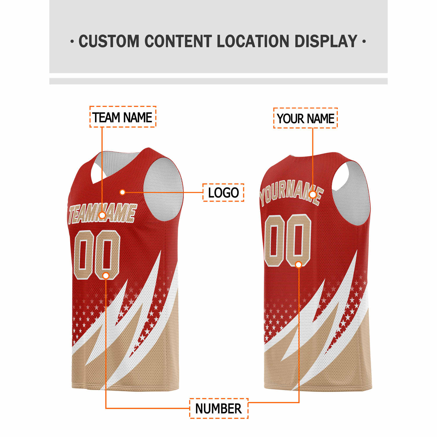 Custom Red & Gold Lightning-Star Pattern Basketball Jersey - Personalized Team Name, Number & LOGO | Vosoli