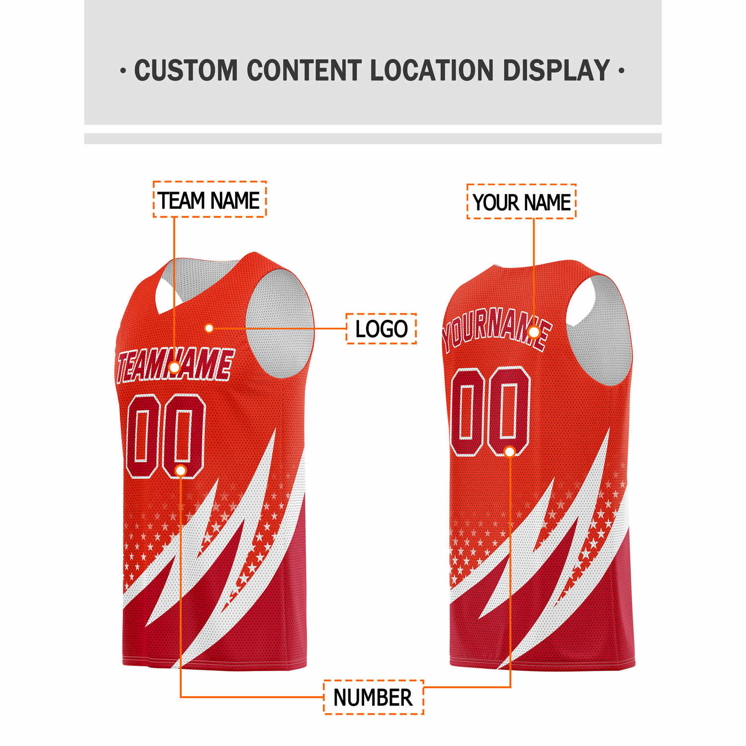 Custom Multi-Red & White Lightning-Star Pattern Basketball Jersey - Personalized Team Name, Number & LOGO | Vosoli