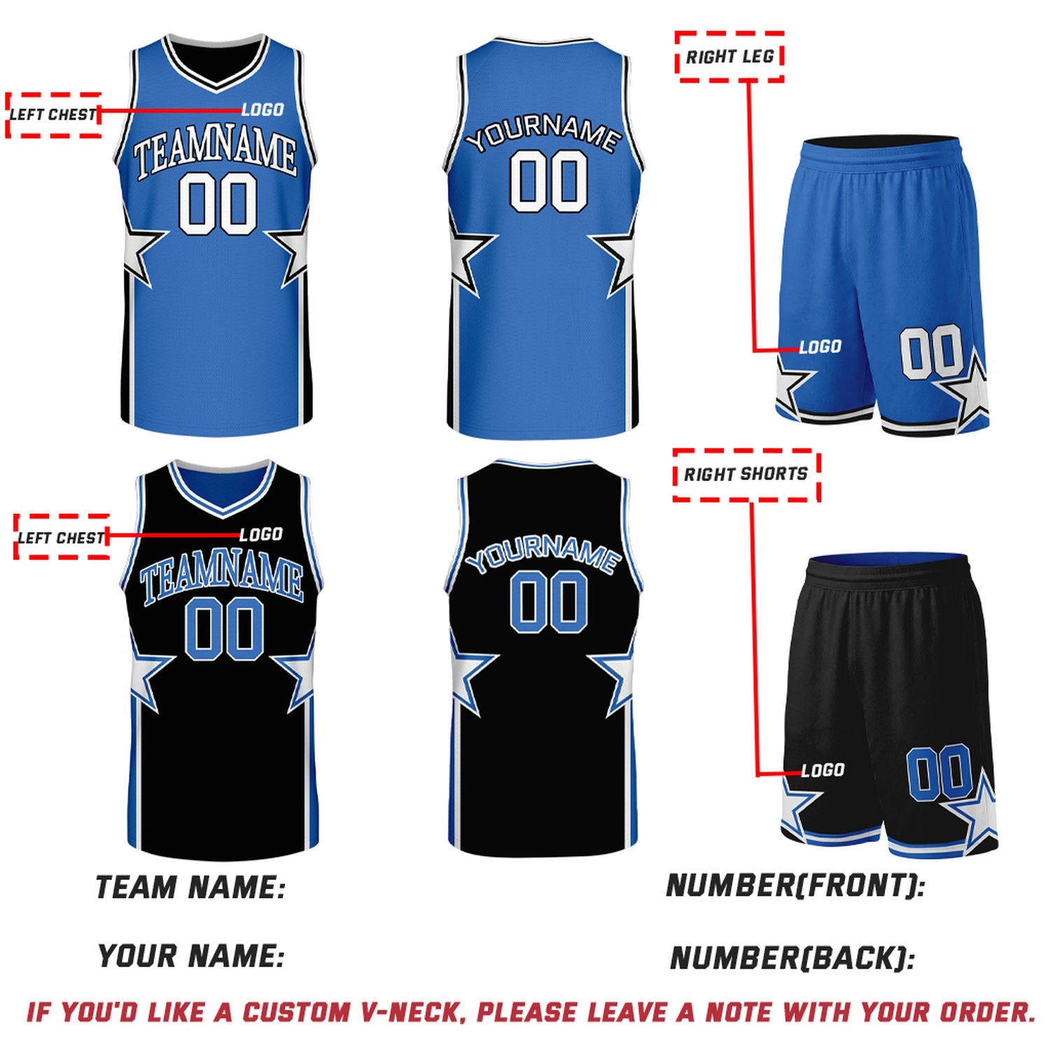 Custom Royal Blue & Black Star Reversible Basketball Uniform Set | Breathable Mesh Jersey & Shorts
