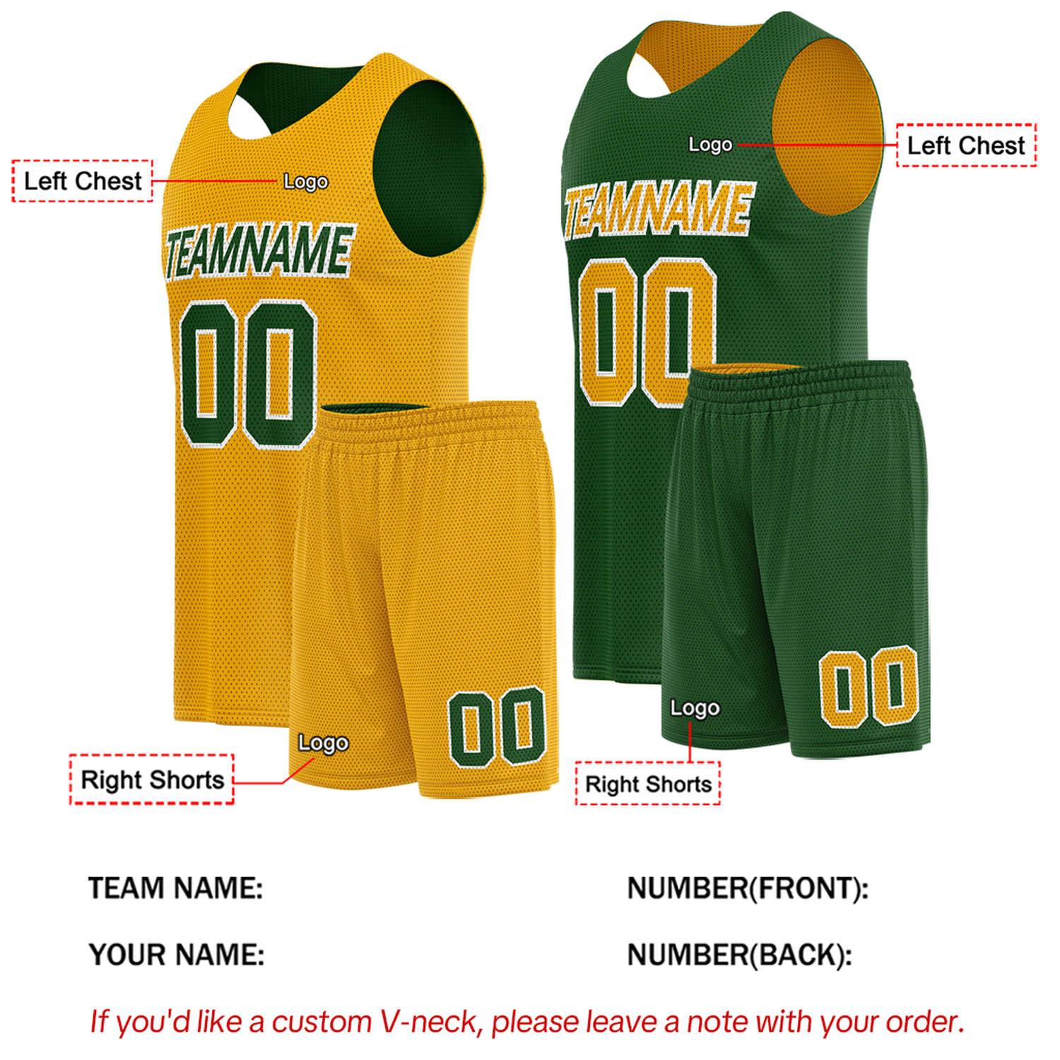 Custom Gold & Forest Green Double Sided Basketball Uniform Set | Breathable Mesh Tank Top and Shorts