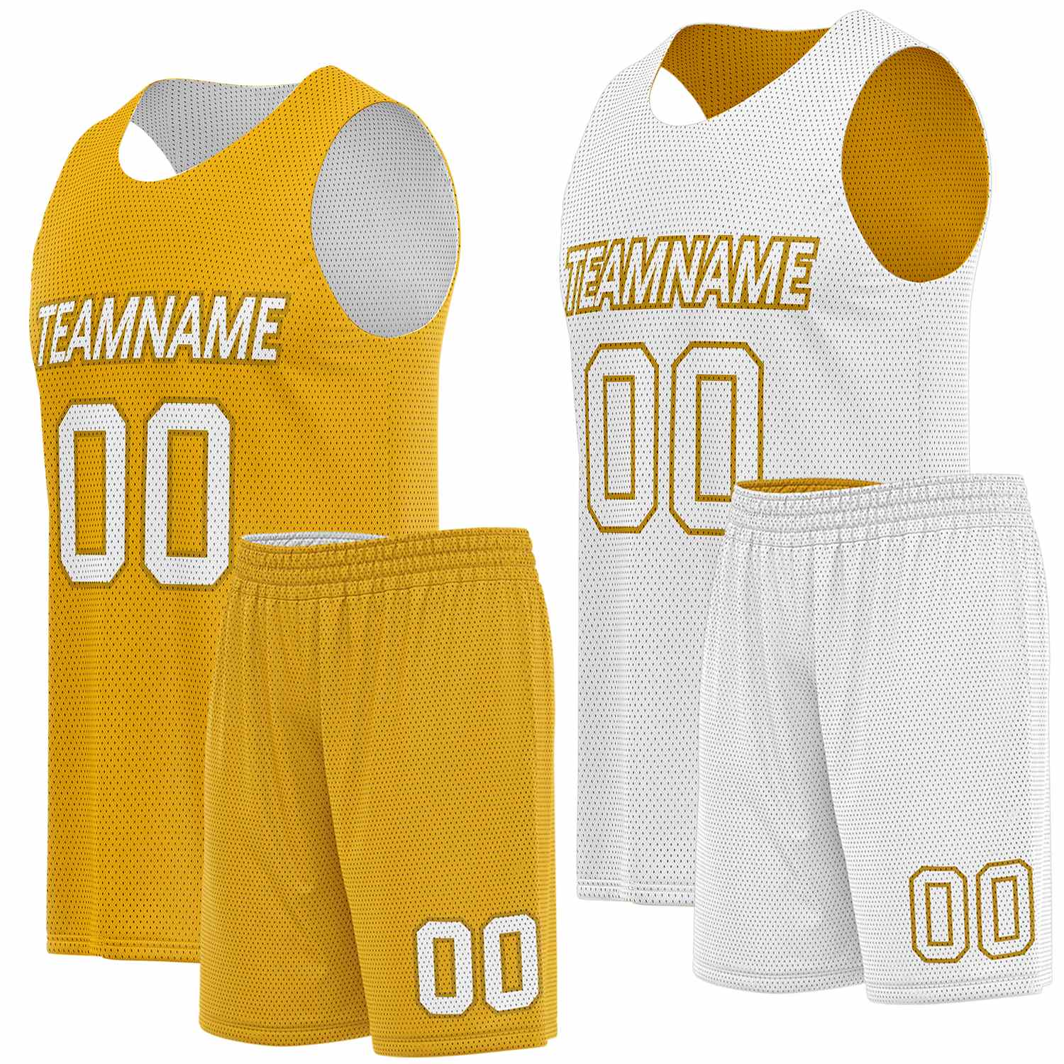 Reversible basketball jersey and shorts gold white by Vosoli. Personalized team name, player number & logo. Breathable mesh. Fast delivery.