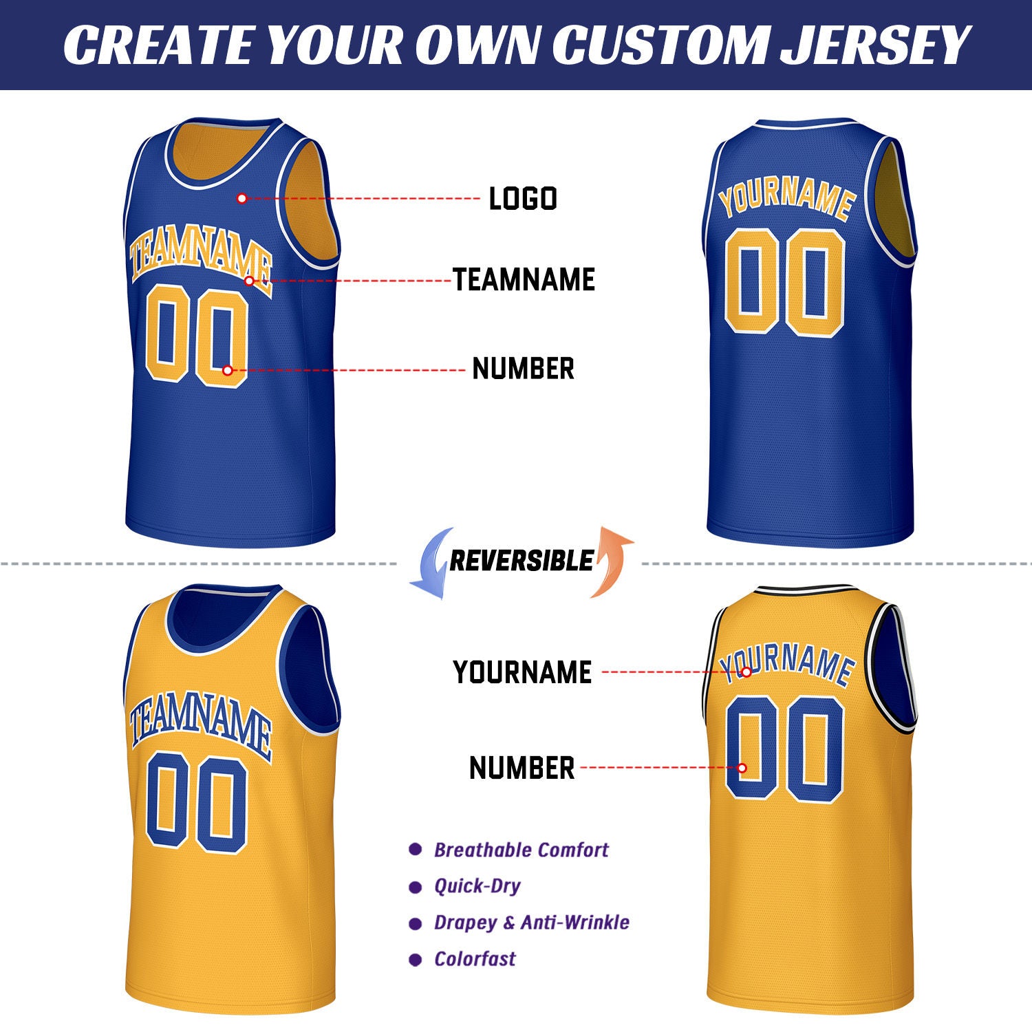 Custom Blue & Gold Reversible Basketball Jersey | Personalized Sleeveless Mesh Jersey for Adult Youth