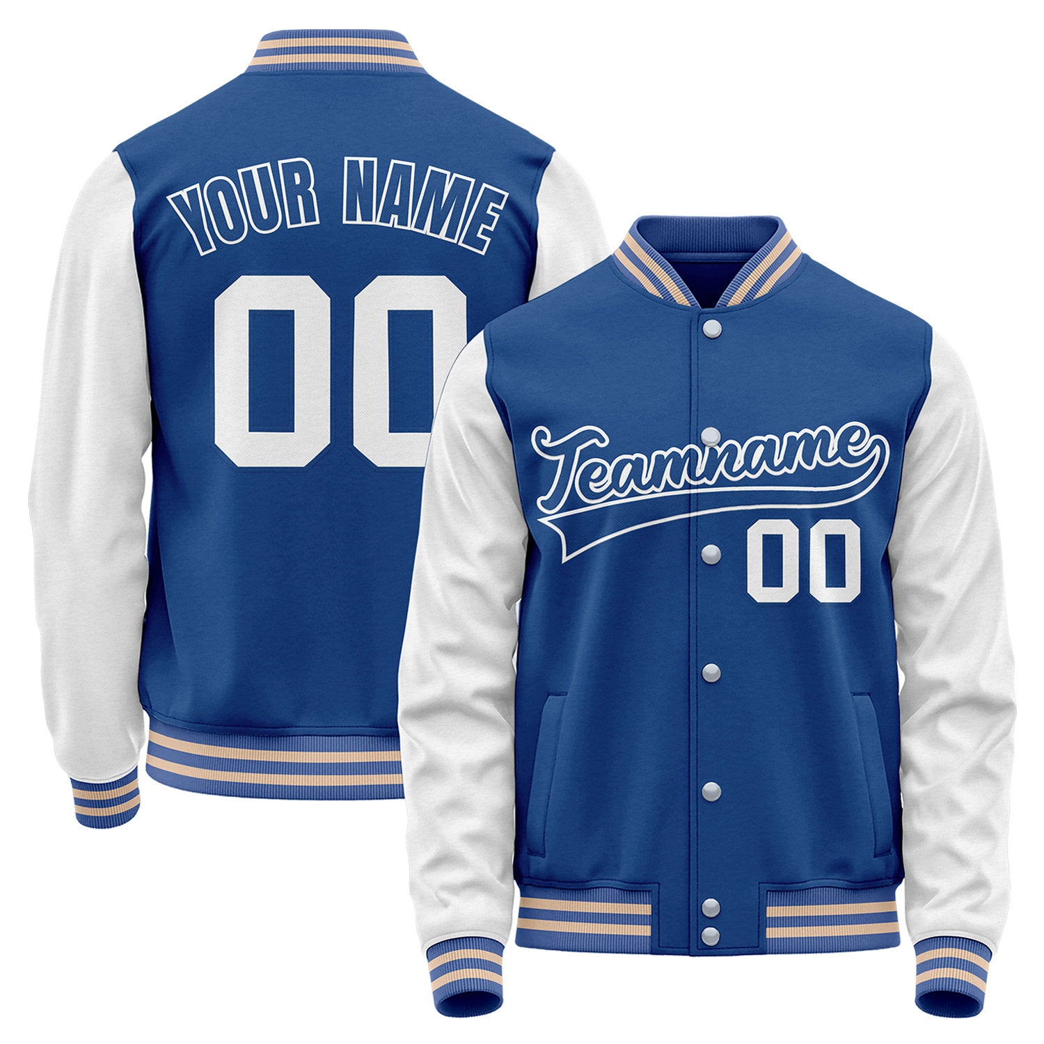 Small batch custom baseball jackets, royal blue and white varsity bomber jacket, personalized team name, player number and custom logo.
