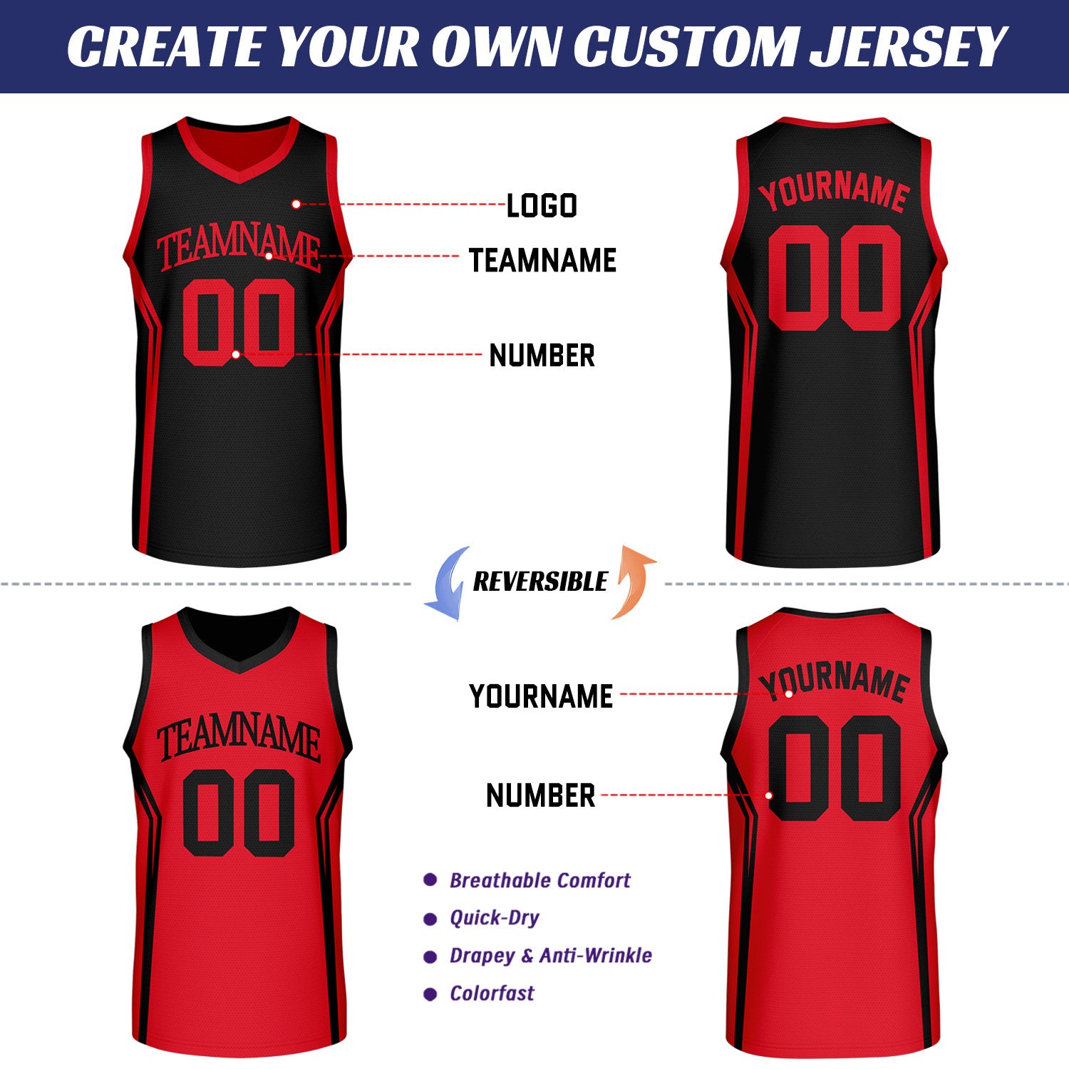 Custom Black & Red Reversible Basketball Jersey Set | Personalized Uniforms for High School Basketball Teams