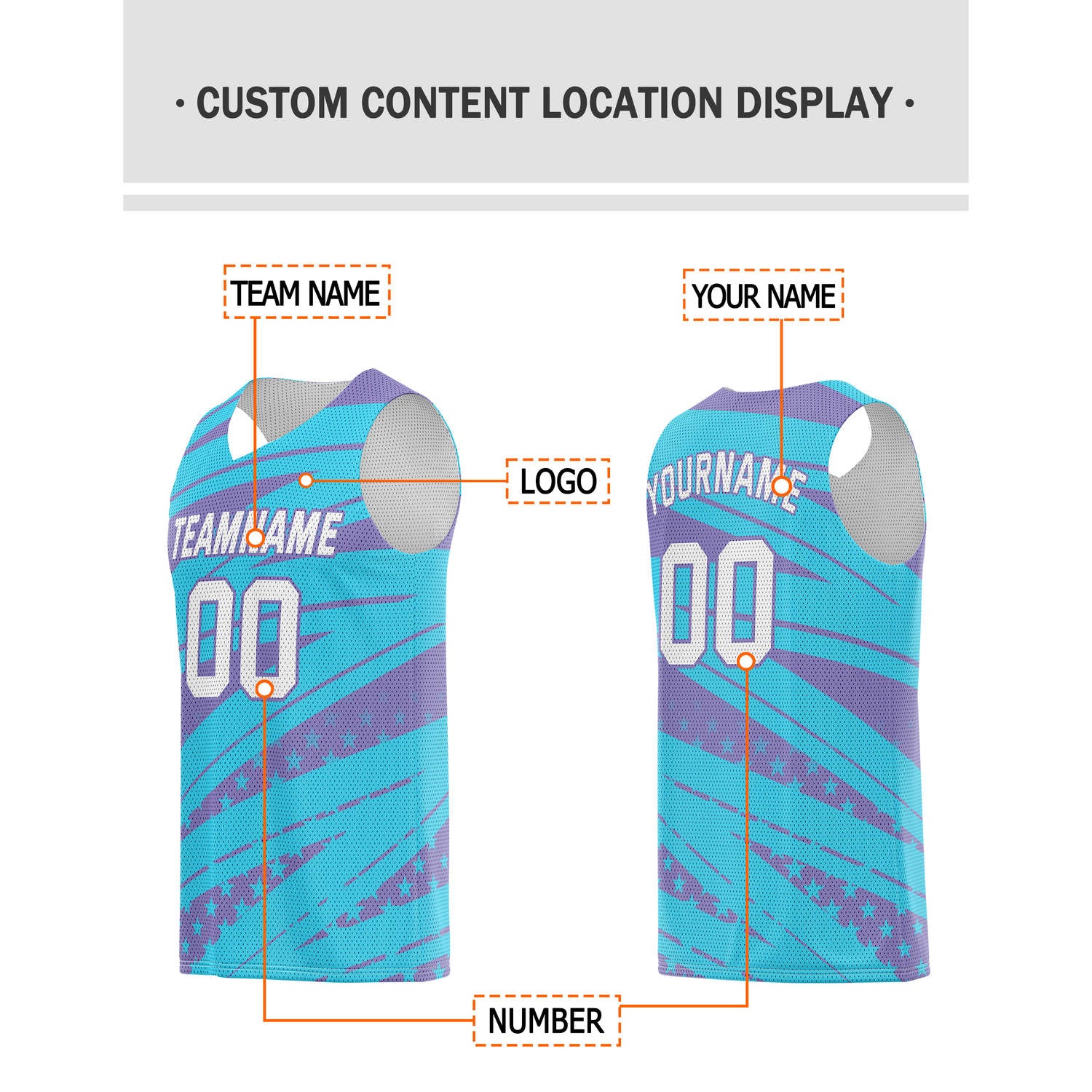 Custom Teal & Purple Star-Stripe Pattern Basketball Jersey - Personalized Team Name, Number & LOGO | Vosoli
