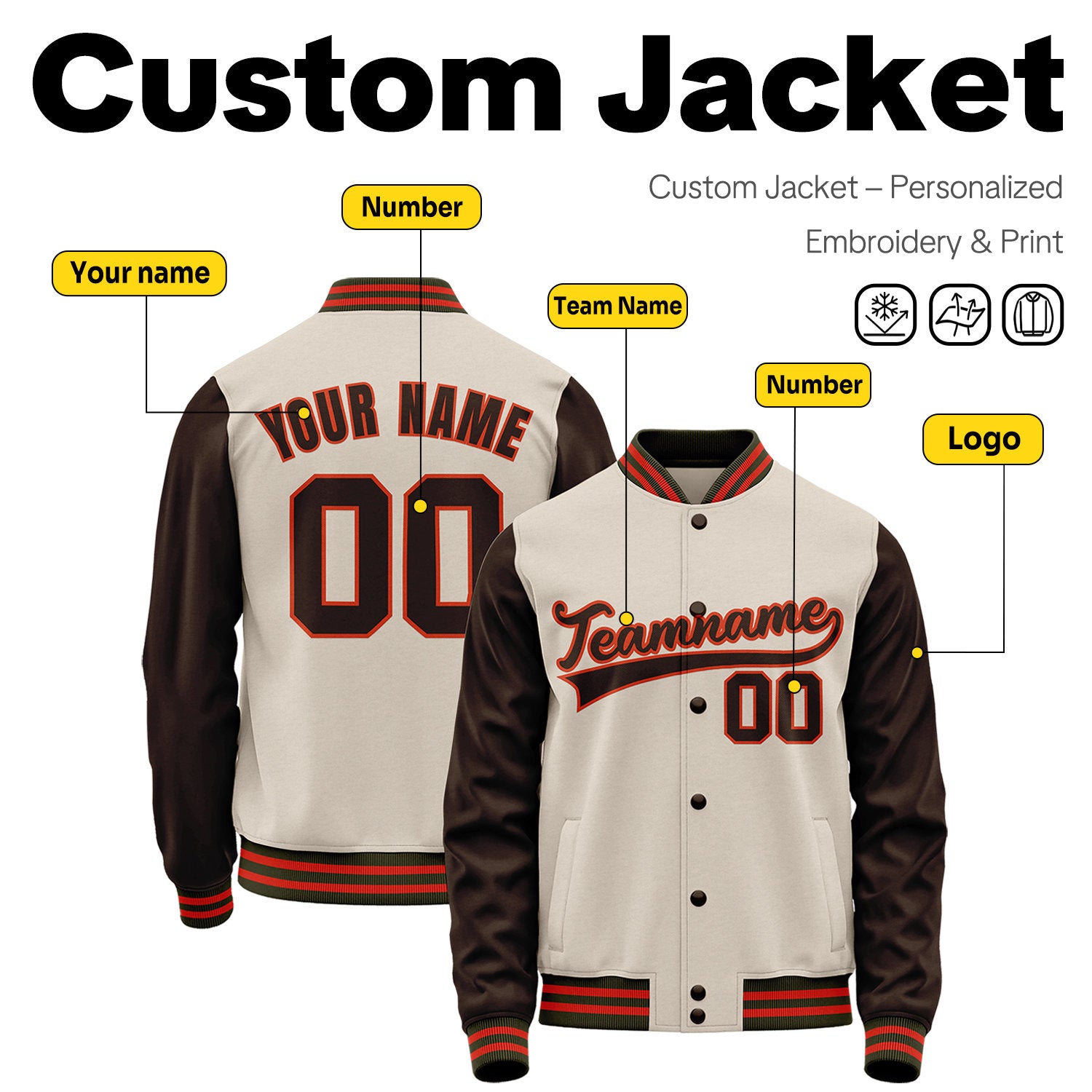 Custom Cream & Brown Two-Tone Varsity Jacket | Personalized Baseball Bomber with Name, Number & Logo
