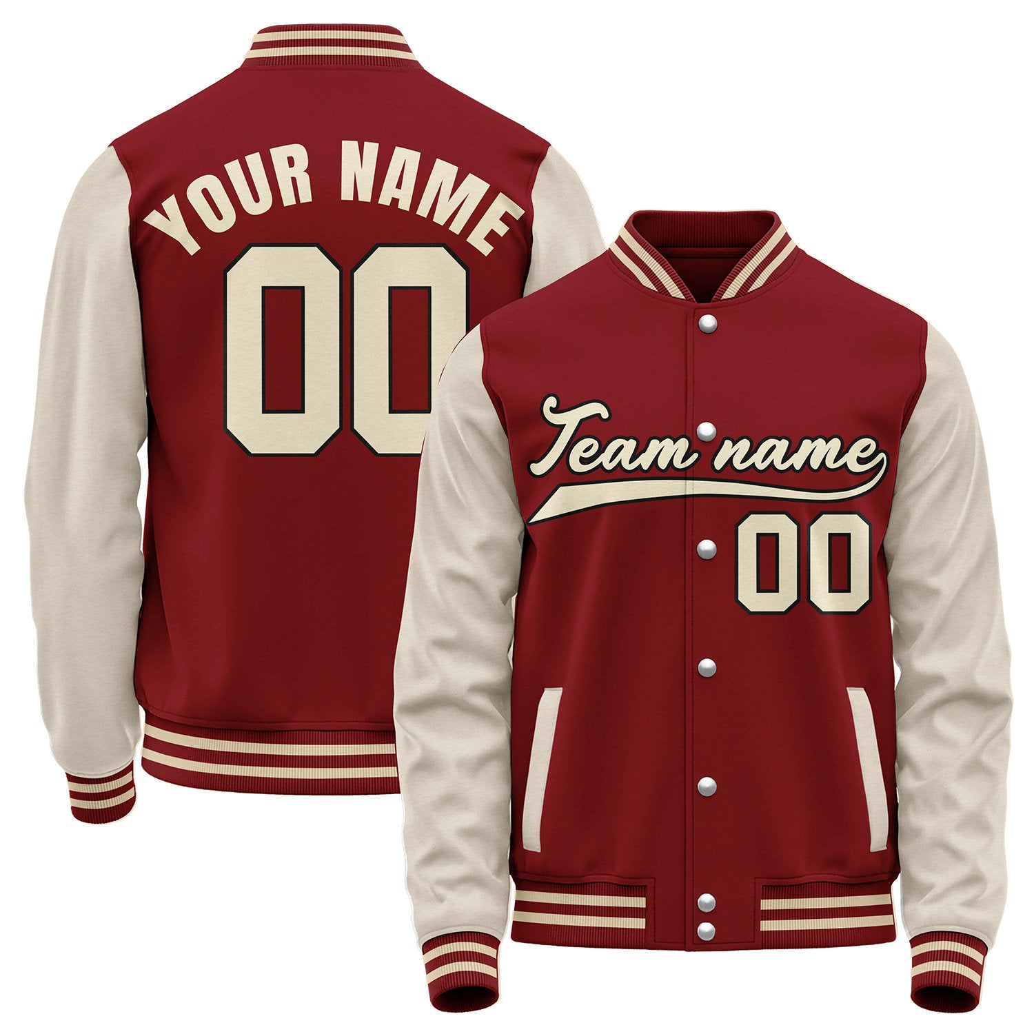 Team baseball warm up jackets, maroon and cream varsity letterman bomber jacket, custom team name, player number and logo.
