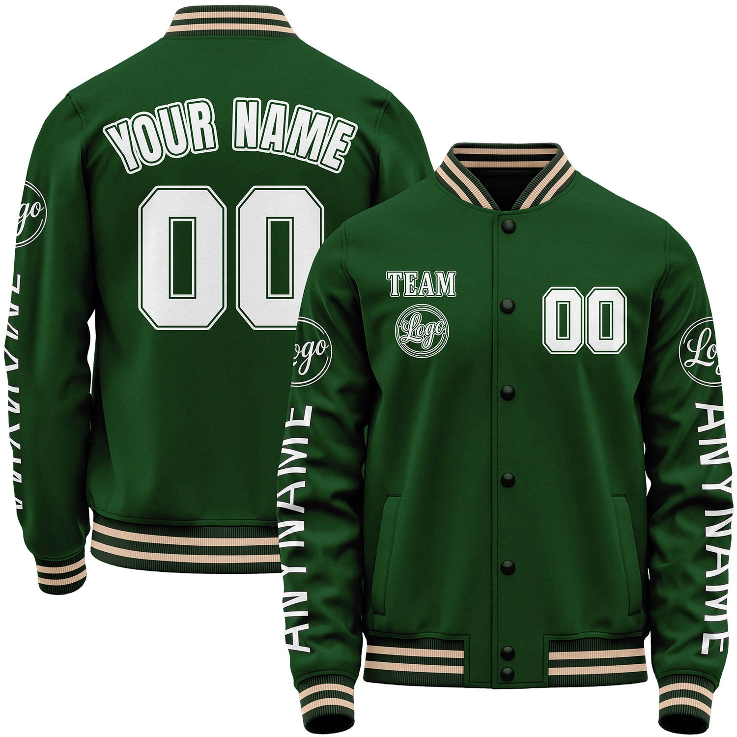 Team varsity baseball jacket, forest green varsity bomber jacket, personalized stitched or sublimated name, number, sleeve text and team logo.