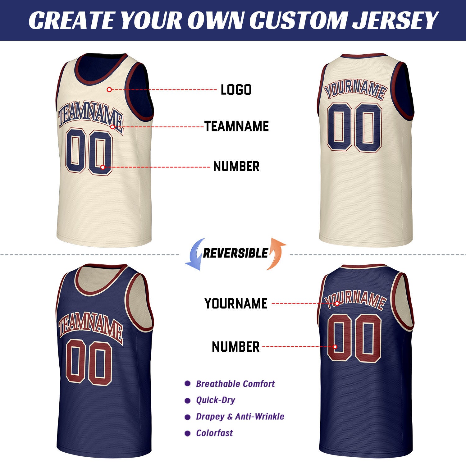 Custom Cream & Navy Reversible Basketball Jersey | Personalized Sleeveless Mesh Jersey for Adult Youth